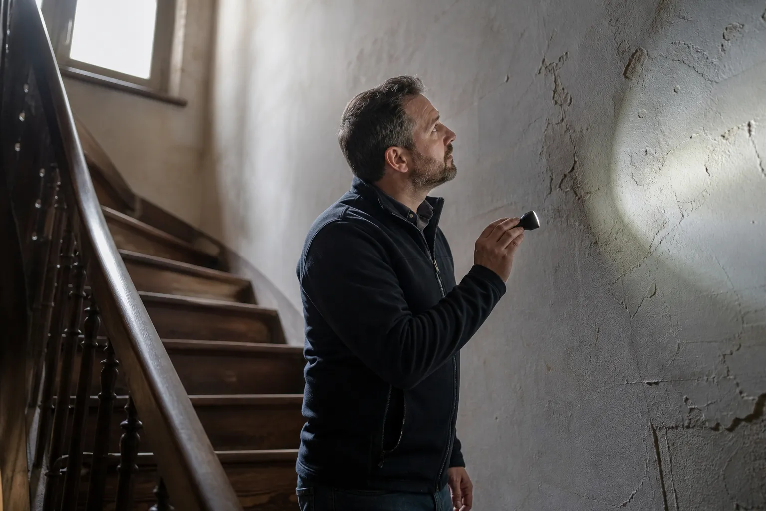 Expert en bâtiment observant une cage d’escalier ancienne avec une lampe