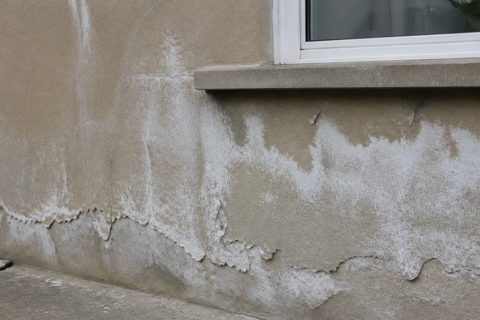 Enduit de façade dégradé par les embruns avec traces de sel