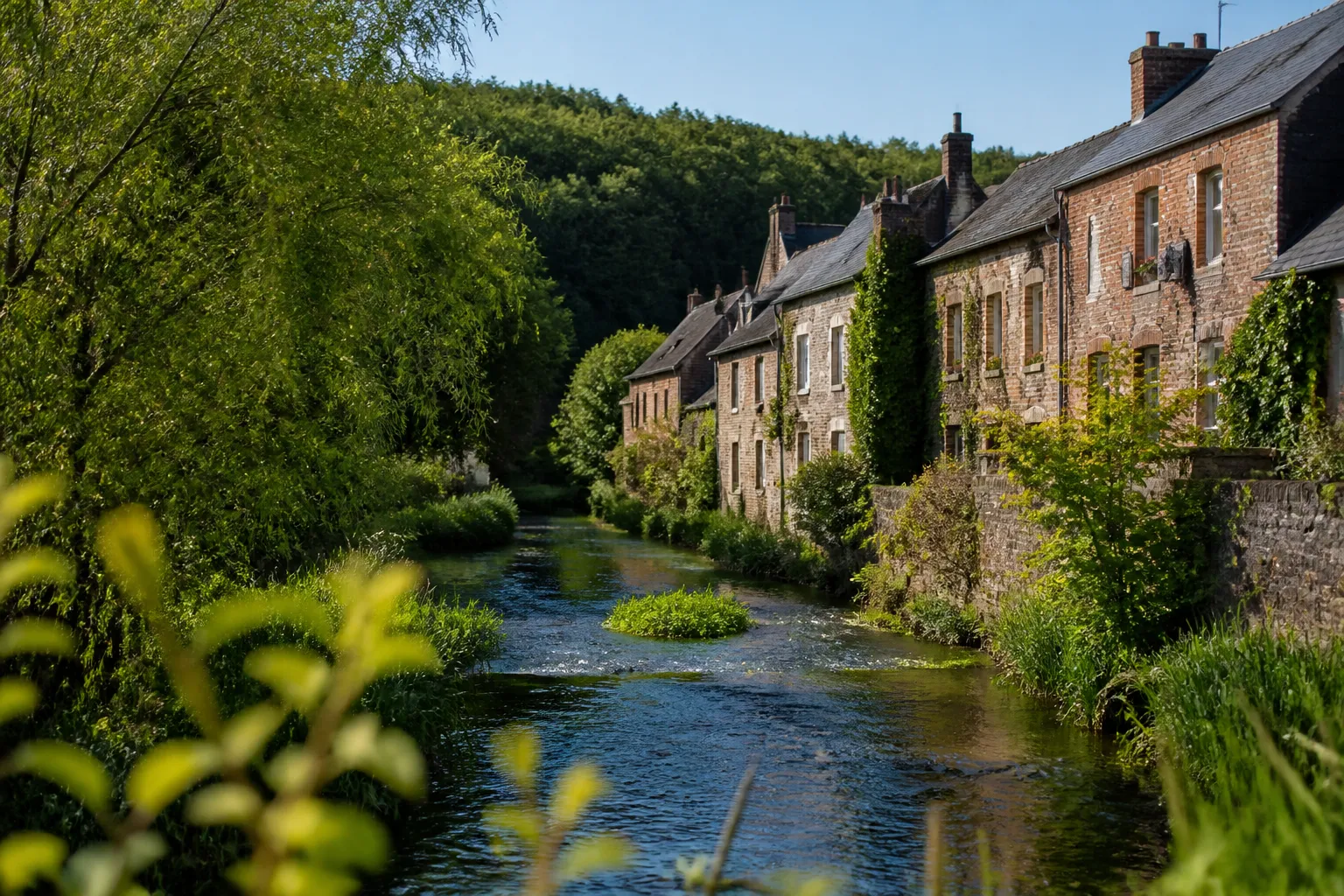 Rivière traversant une vallée normande bordée de maisons