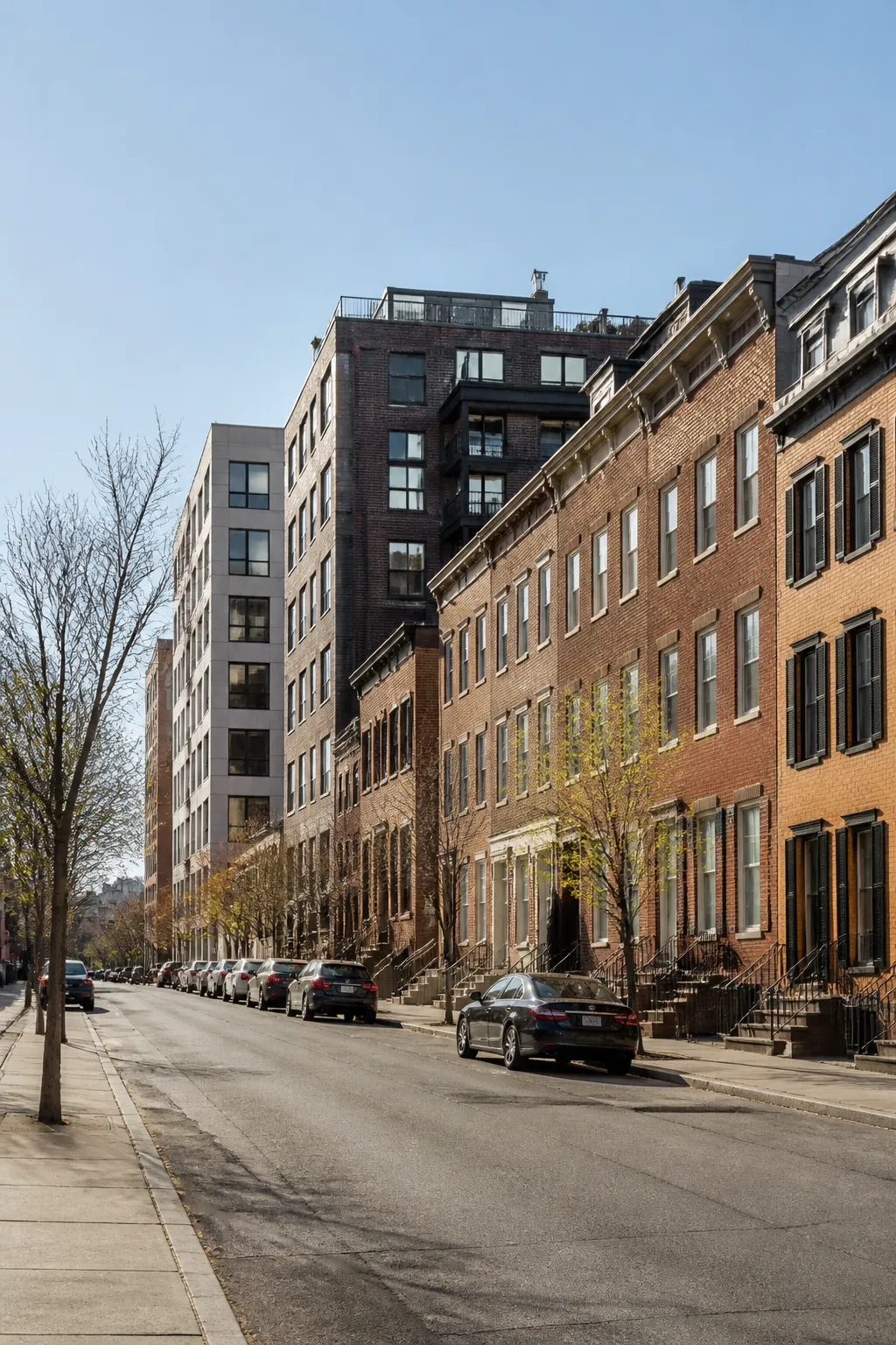 Rue urbaine de maisons de ville en brique et petits immeubles
