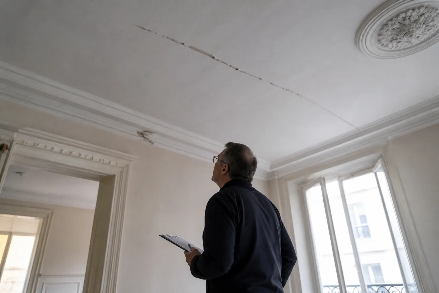 Expert en bâtiment observant un plafond fissuré dans un appartement ancien