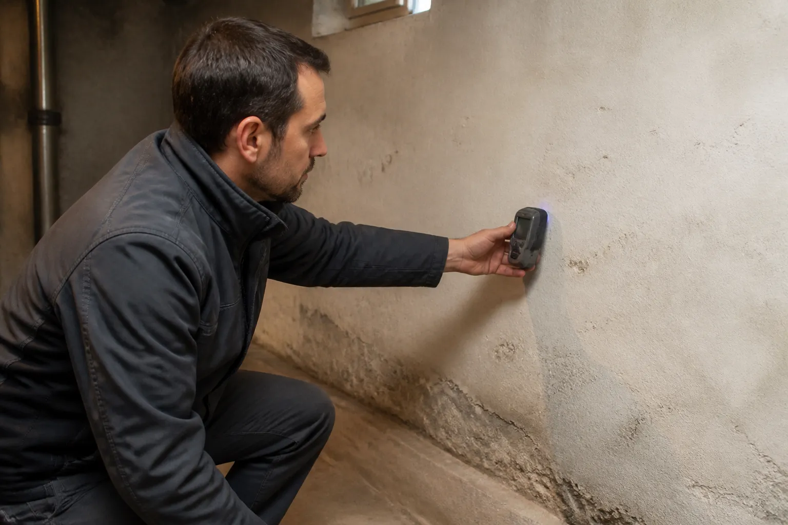Expert mesurant l’humidité sur le mur d’un sous-sol