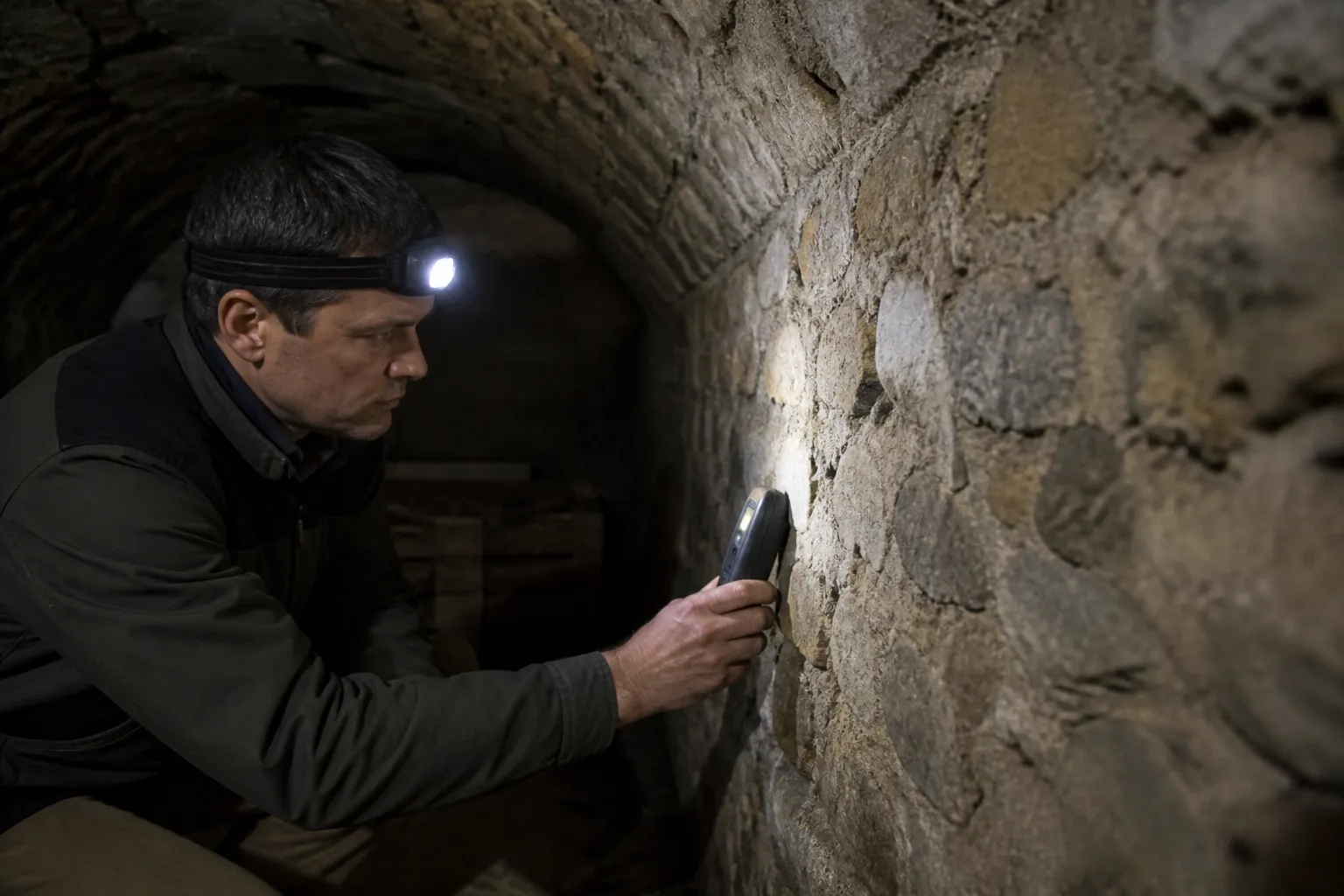 Expert examinant le mur d’une cave voûtée avec une lampe