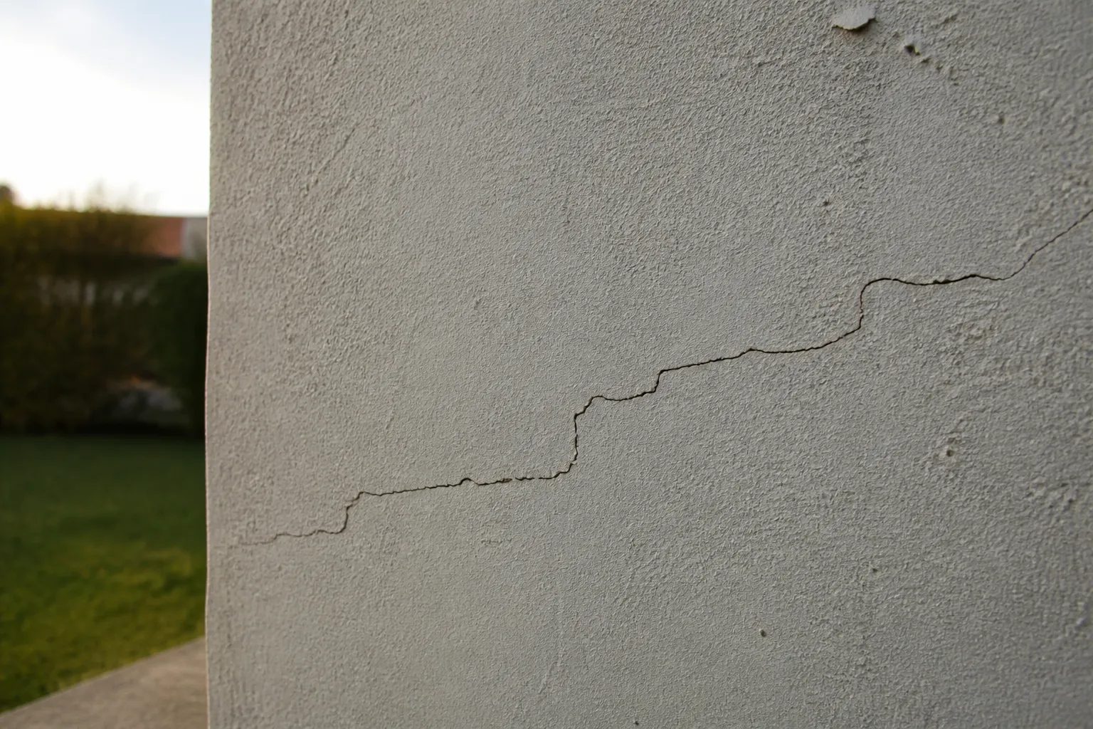 Fissure fine en escalier sur un mur de maison en parpaings enduits