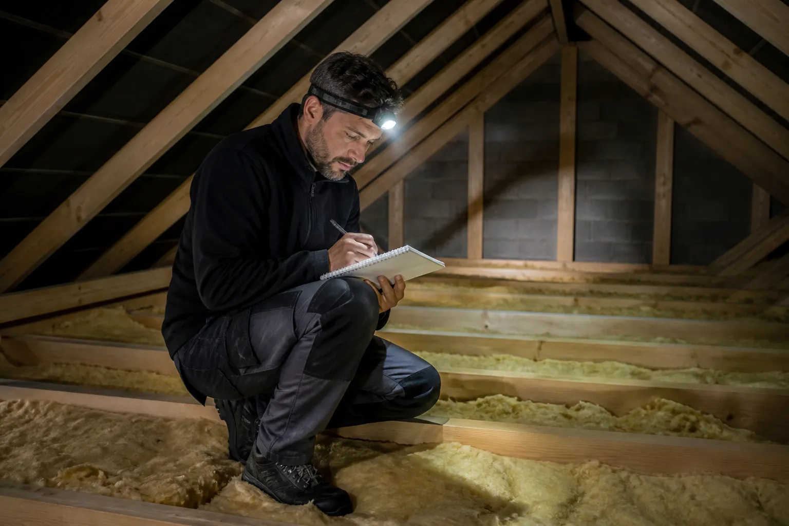Expert notant ses constats dans les combles d’une maison