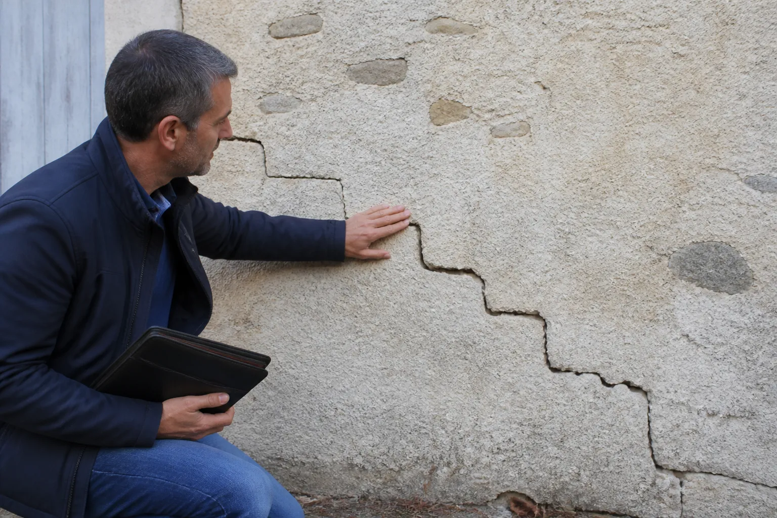 Expert observant une fissure en escalier sur un mur en moellons