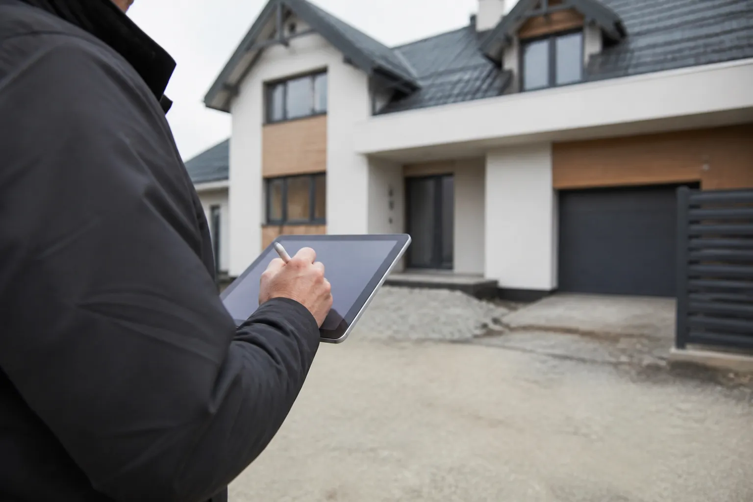 Expert en bâtiment prenant des notes devant une maison