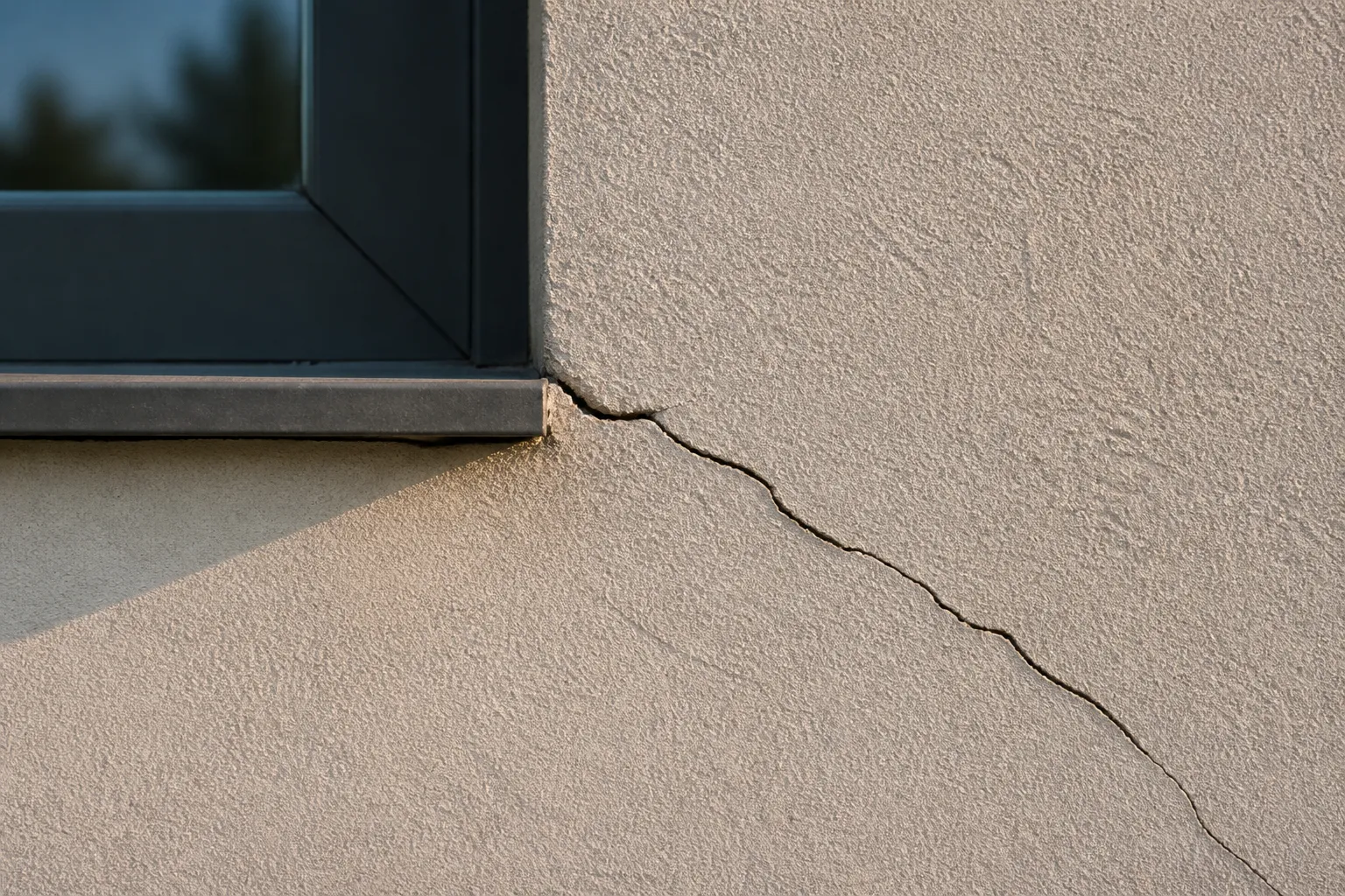 Fissure oblique partant de l’angle d’une fenêtre sur une façade enduite