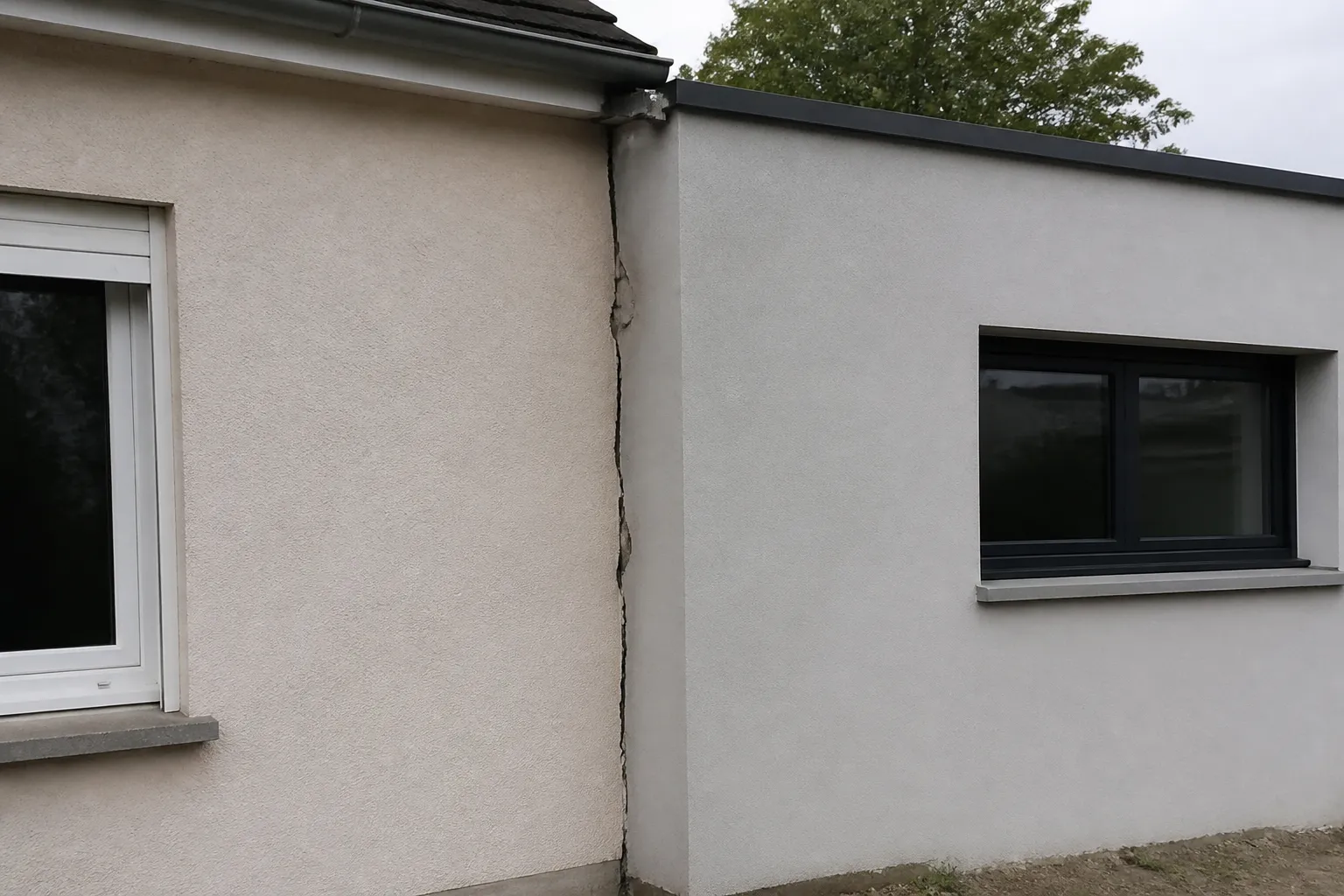 Jonction fissurée entre une maison et une extension