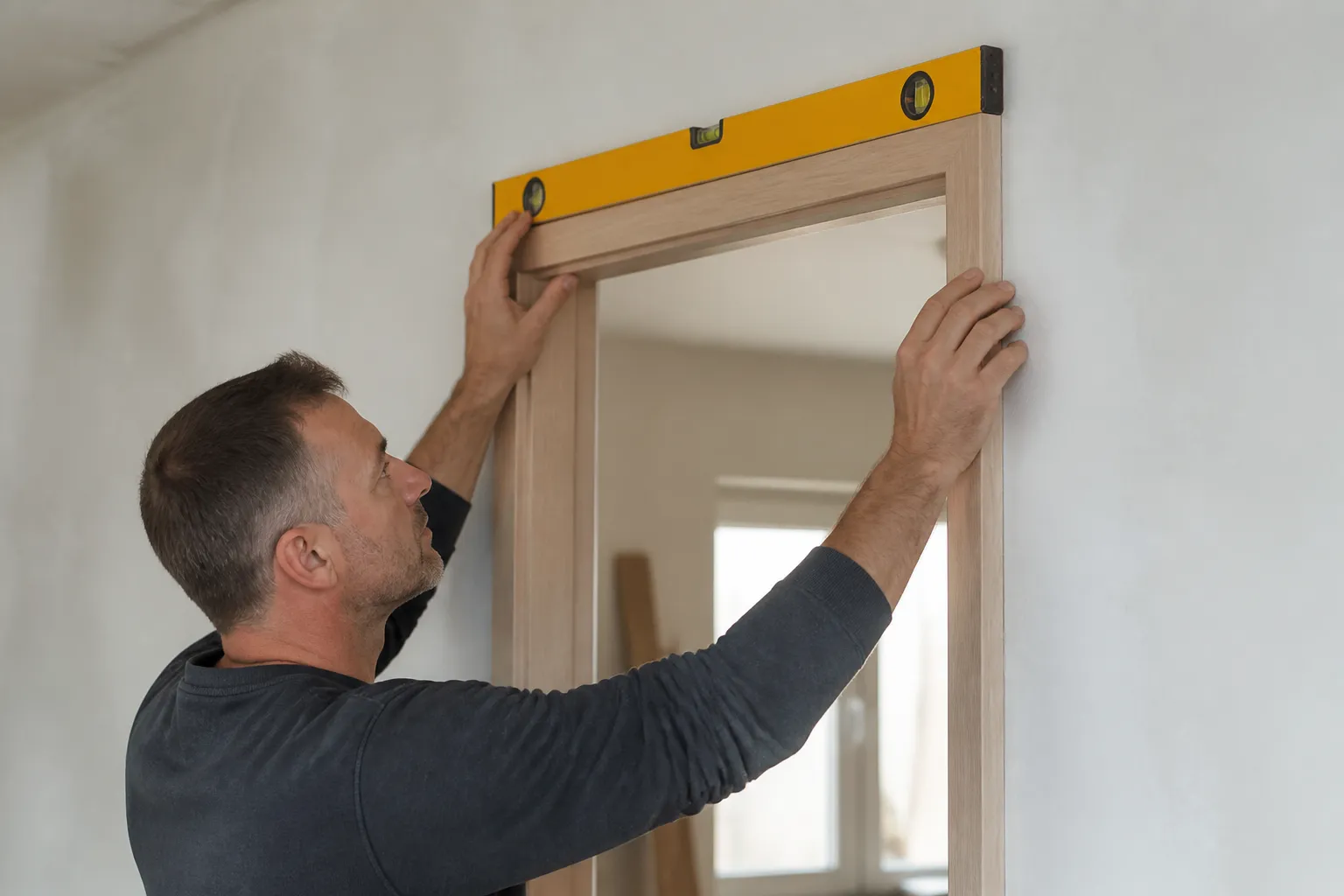 Expert vérifiant l’aplomb d’une porte intérieure avec un niveau