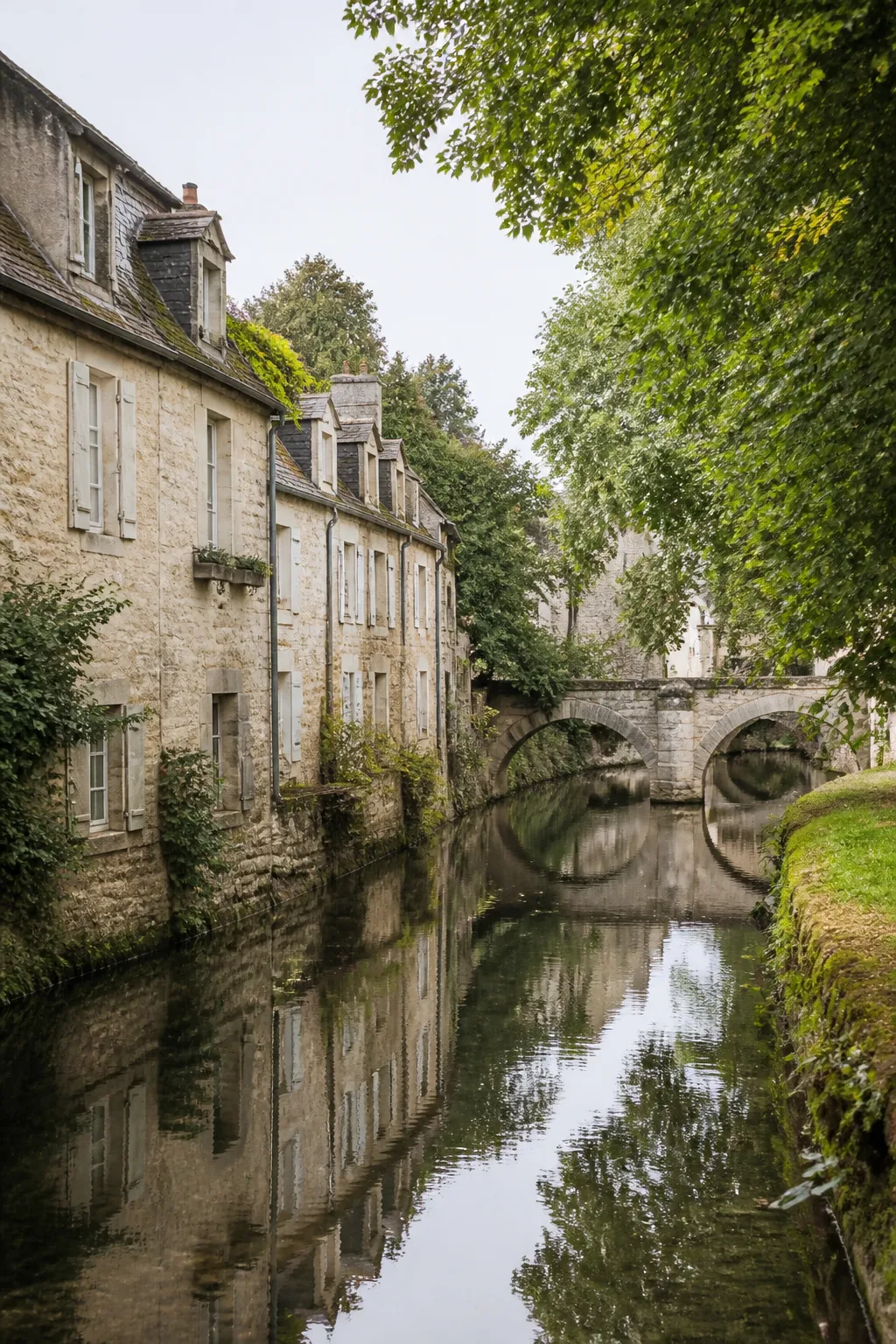 Maisons anciennes en pierre au bord d’une rivière, avant un bilan avant achat à Niort