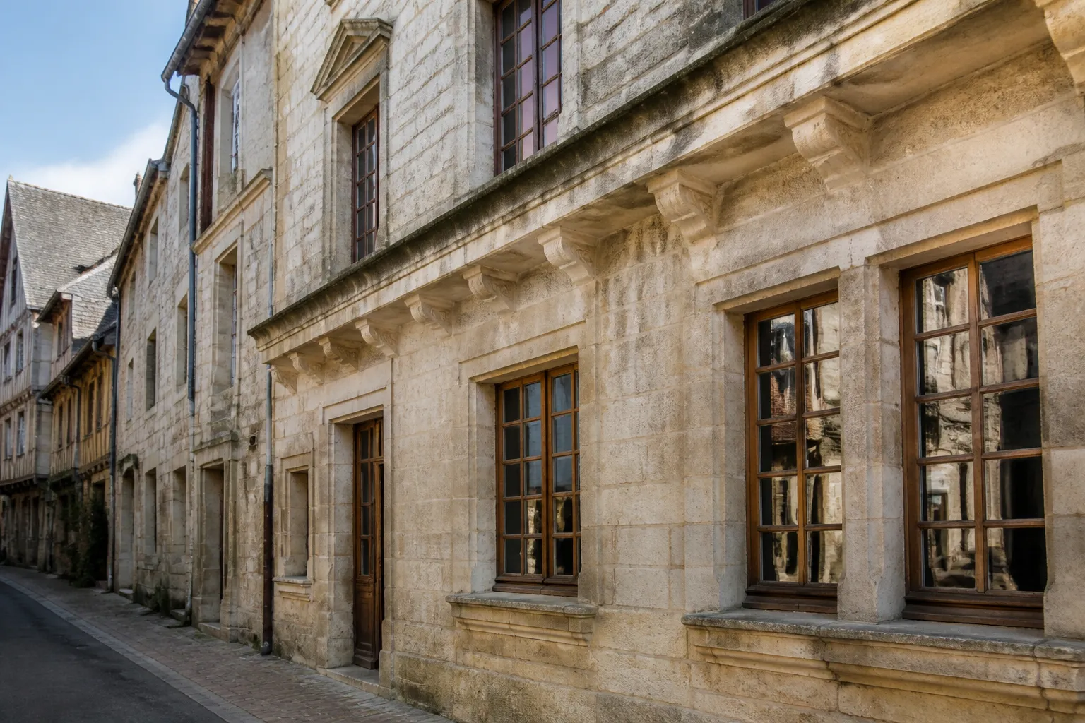 Façade ancienne avec corniche et menuiseries en bois dans un centre historique