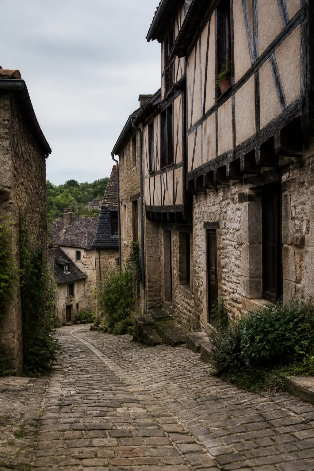 Rue ancienne bordée de maisons à pans de bois, avant un bilan avant achat à Parthenay