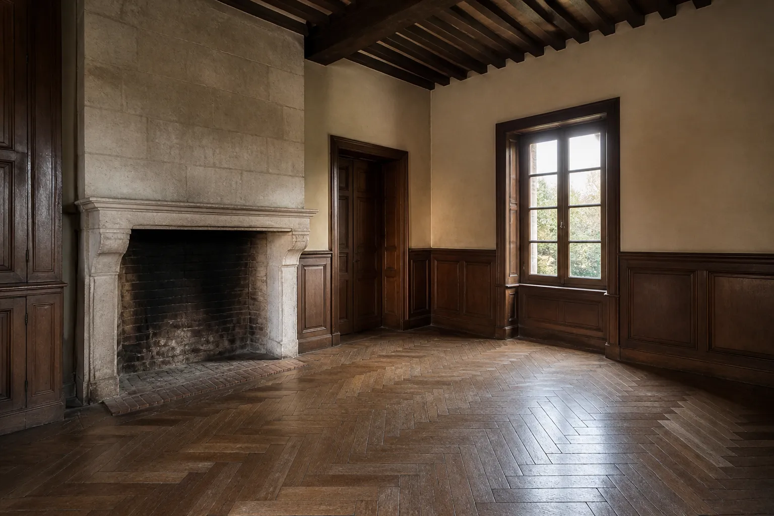 Cheminée ancienne et parquet dans une maison historique