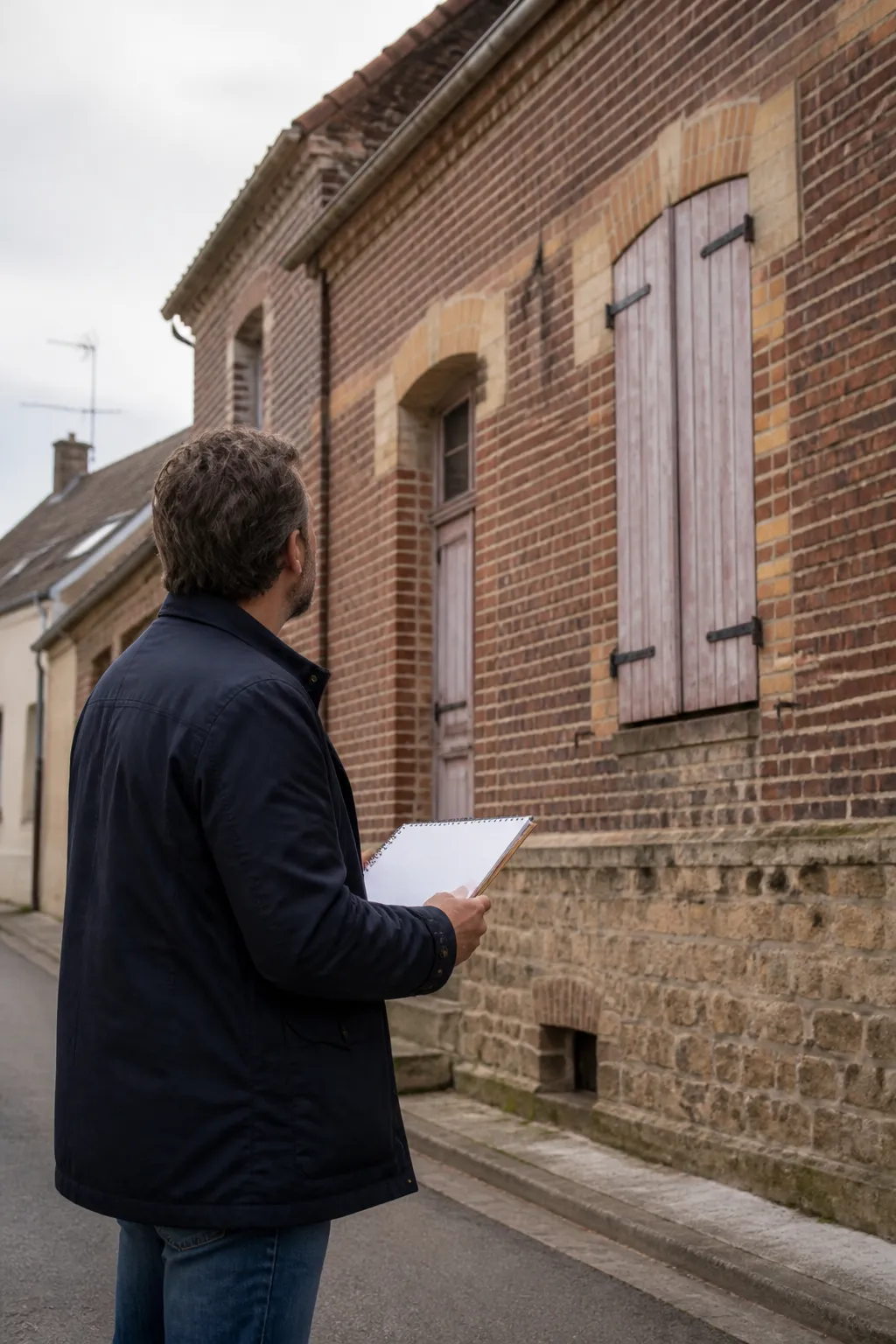Expert en bâtiment devant une maison ancienne en brique dans une petite ville