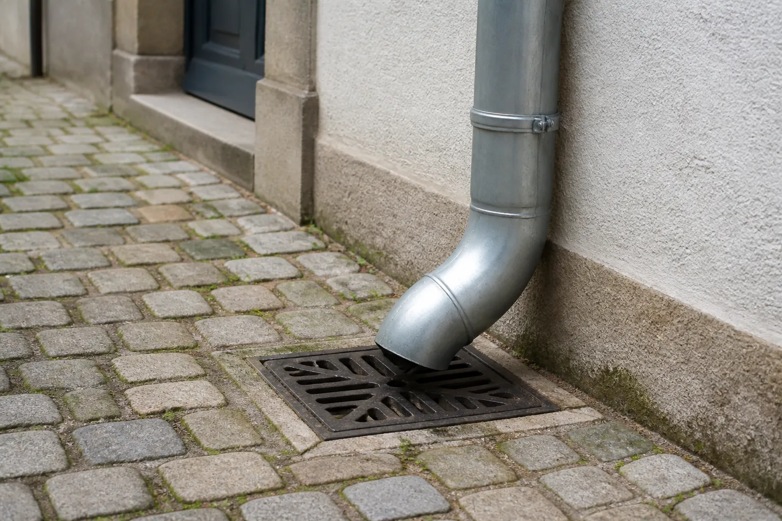 Regard d’eaux pluviales et descente de gouttière dans une cour