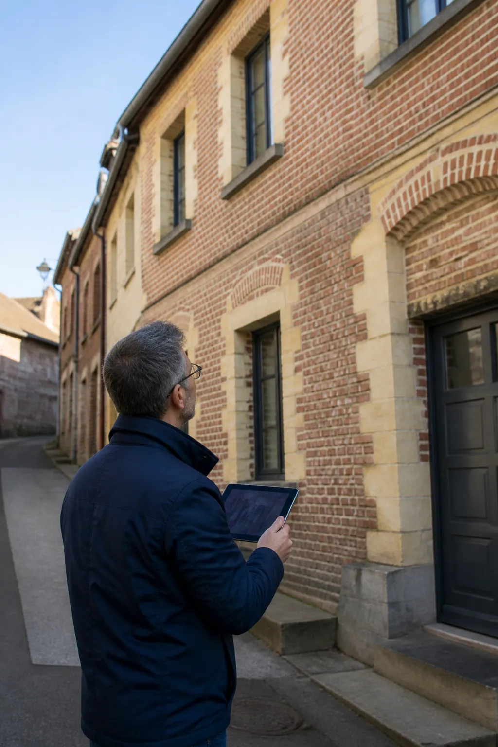 Expert en bâtiment devant une maison de bourg en brique sur un plateau