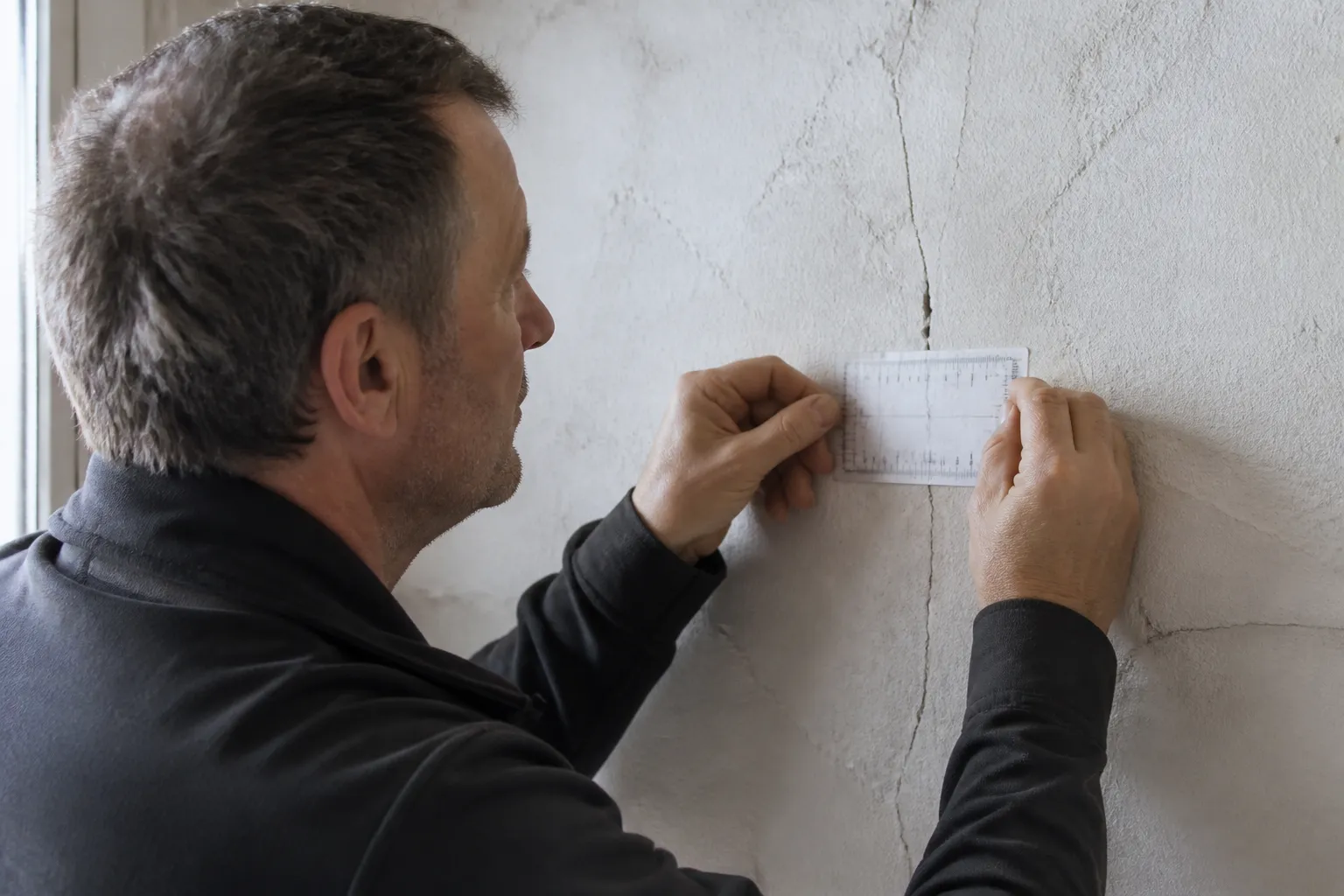 Expert mesurant une fissure sur un mur intérieur