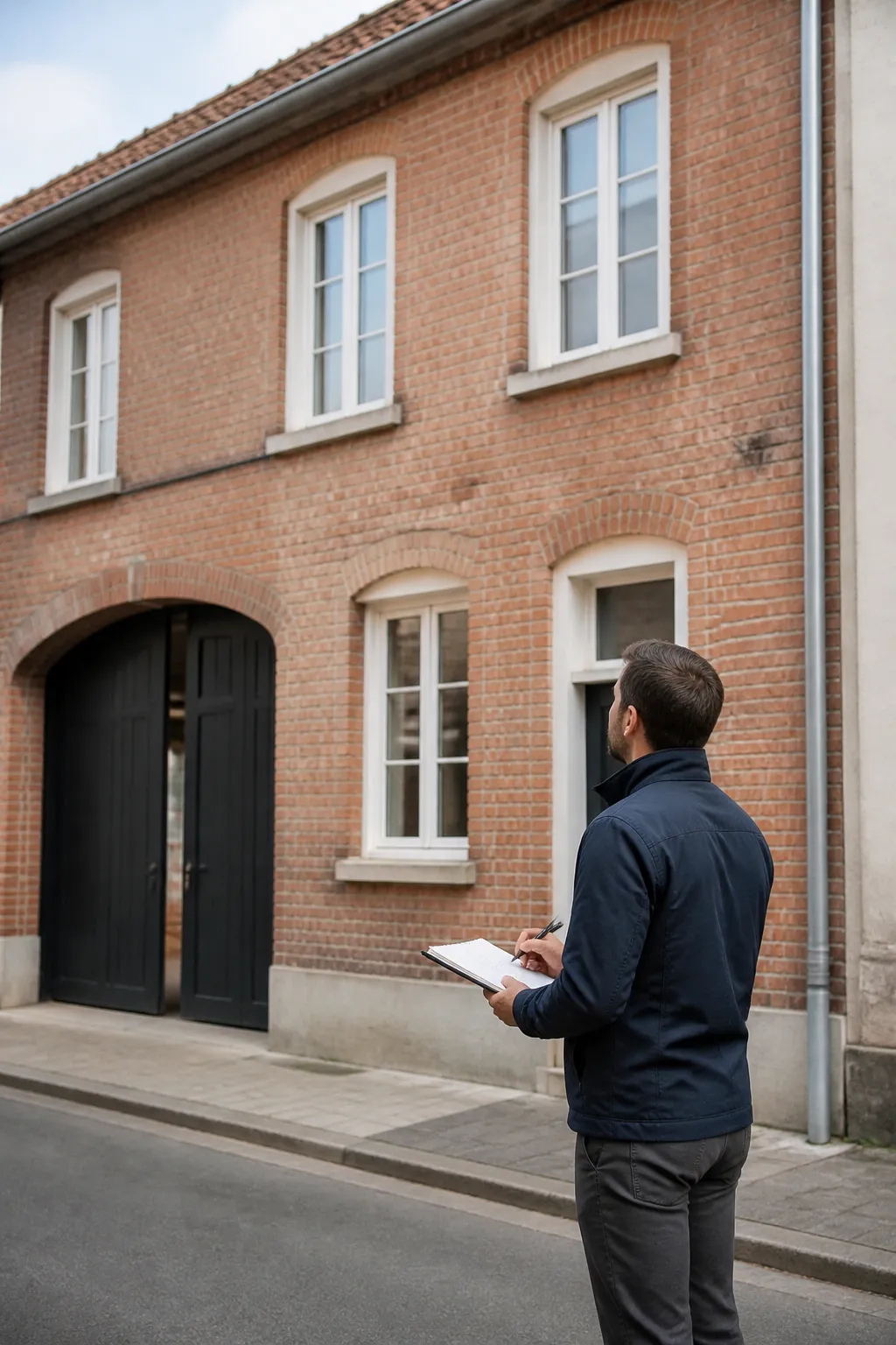 Expert en bâtiment devant une maison de ville en brique à étage