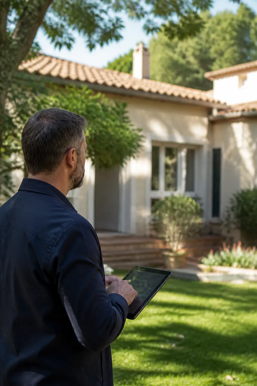 Expert en bâtiment devant un pavillon avec jardin dans le sud-ouest