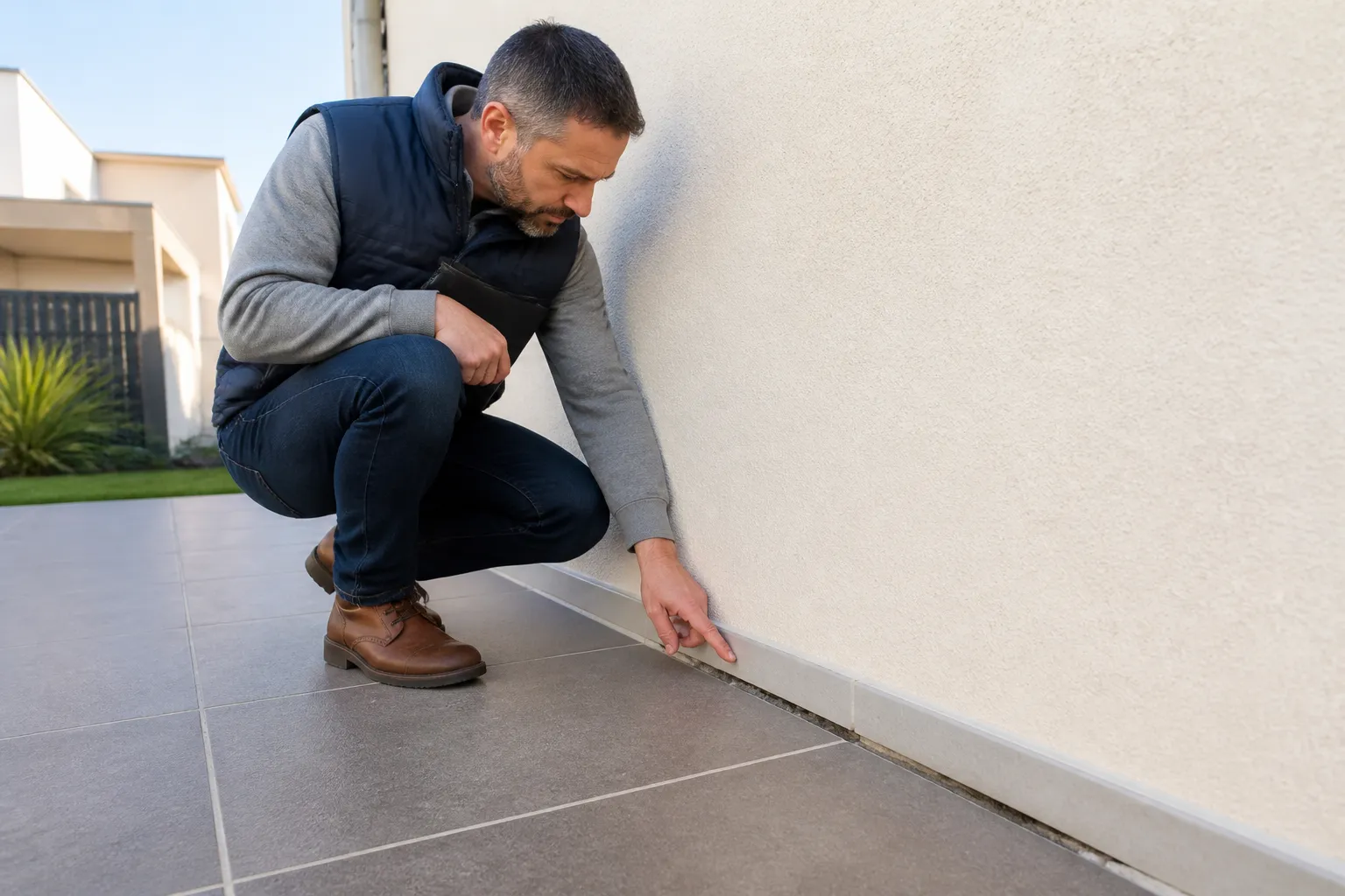 Expert observant le dallage d’une terrasse décollée