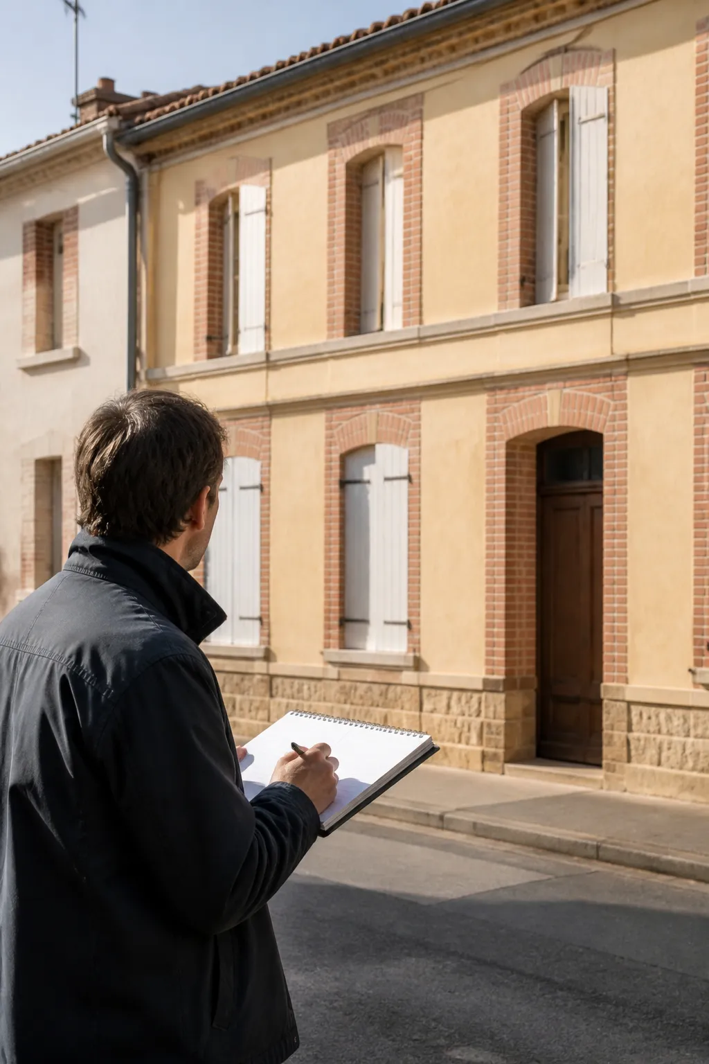 Expert en bâtiment devant une maison de ville en brique et enduit