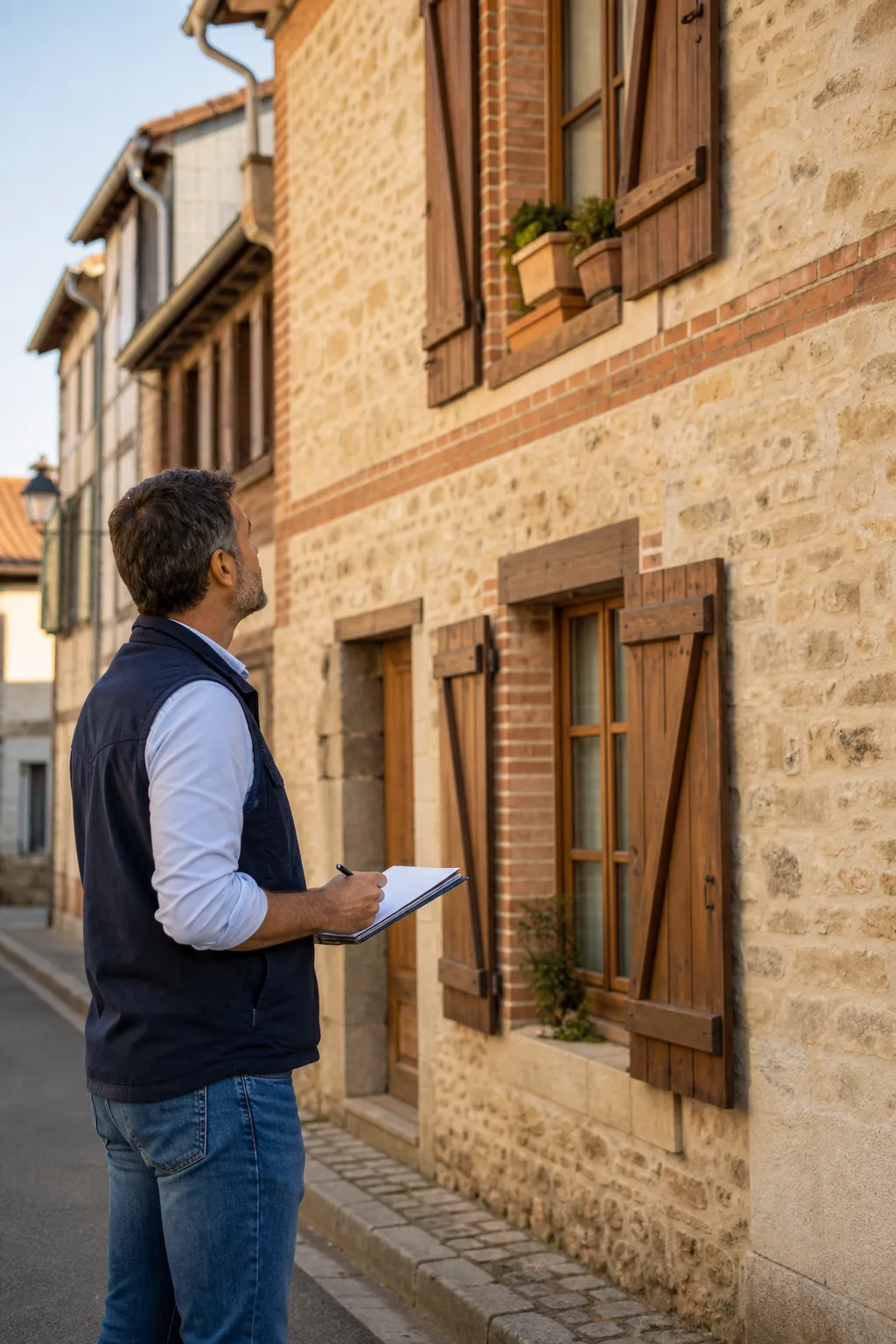 Expert en bâtiment devant une maison de bourg en pierre et brique