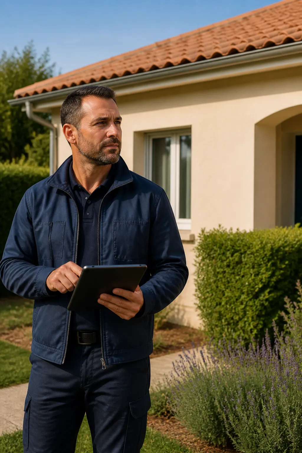 Expert en bâtiment devant un pavillon avec jardin dans le sud-ouest