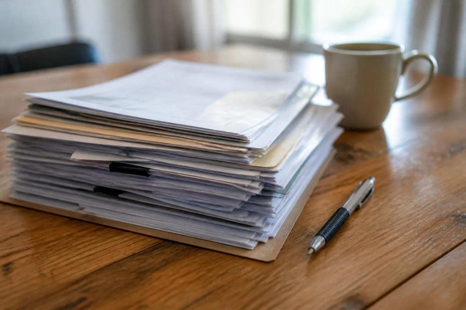 Dossier de documents et factures posé sur une table