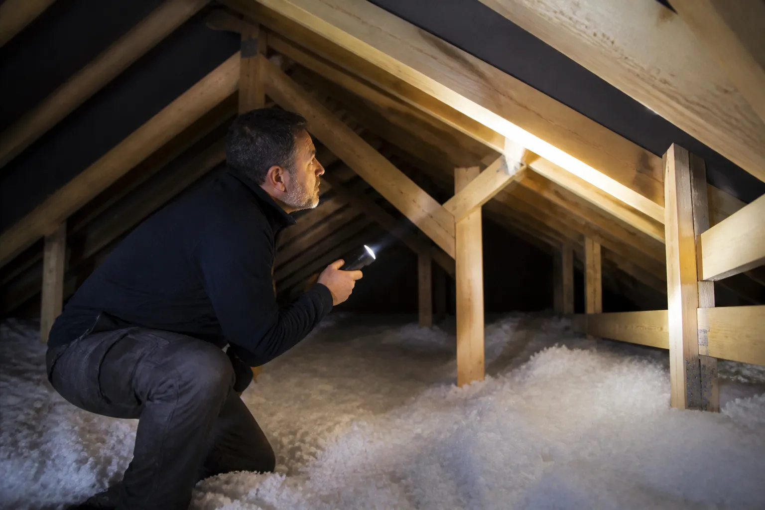 Expert observant une charpente dans des combles