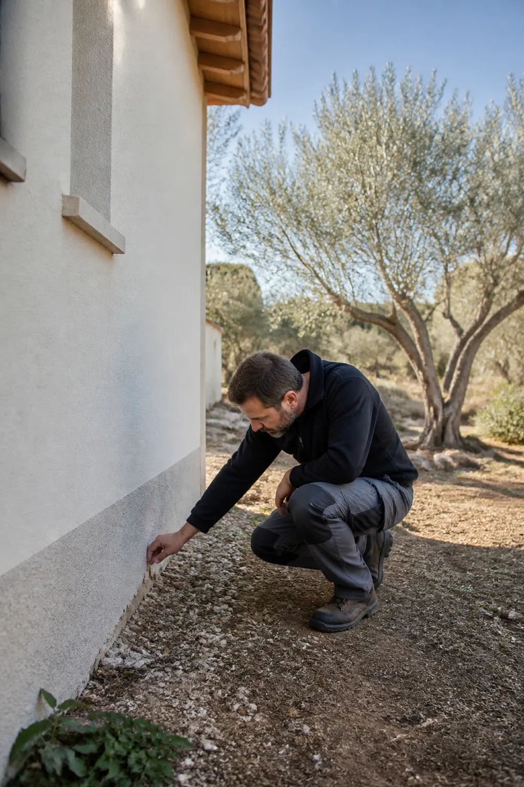 Expert en bâtiment examinant le mur d’une maison individuelle à Draguignan