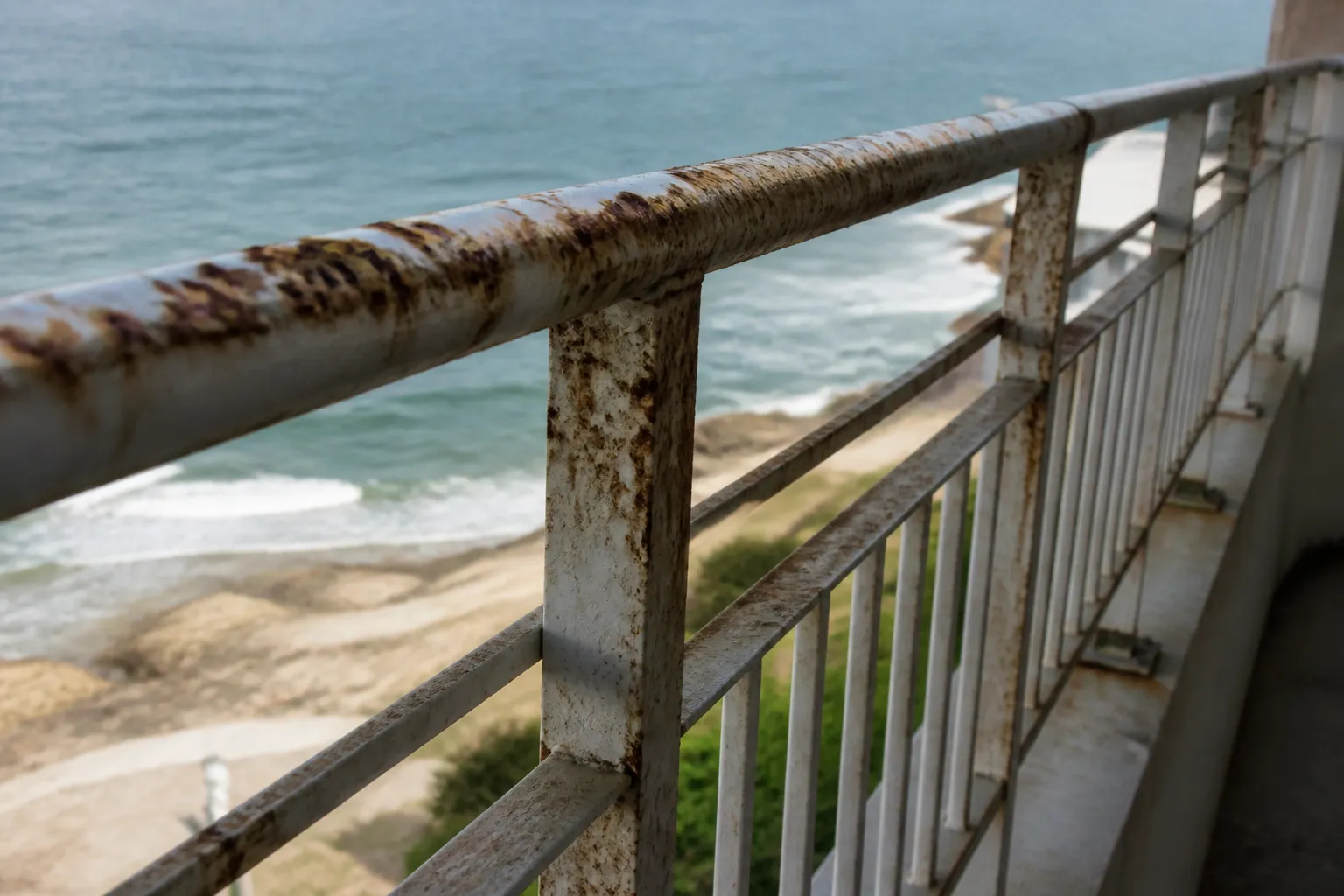 Garde-corps métallique corrodé sur un balcon exposé aux embruns
