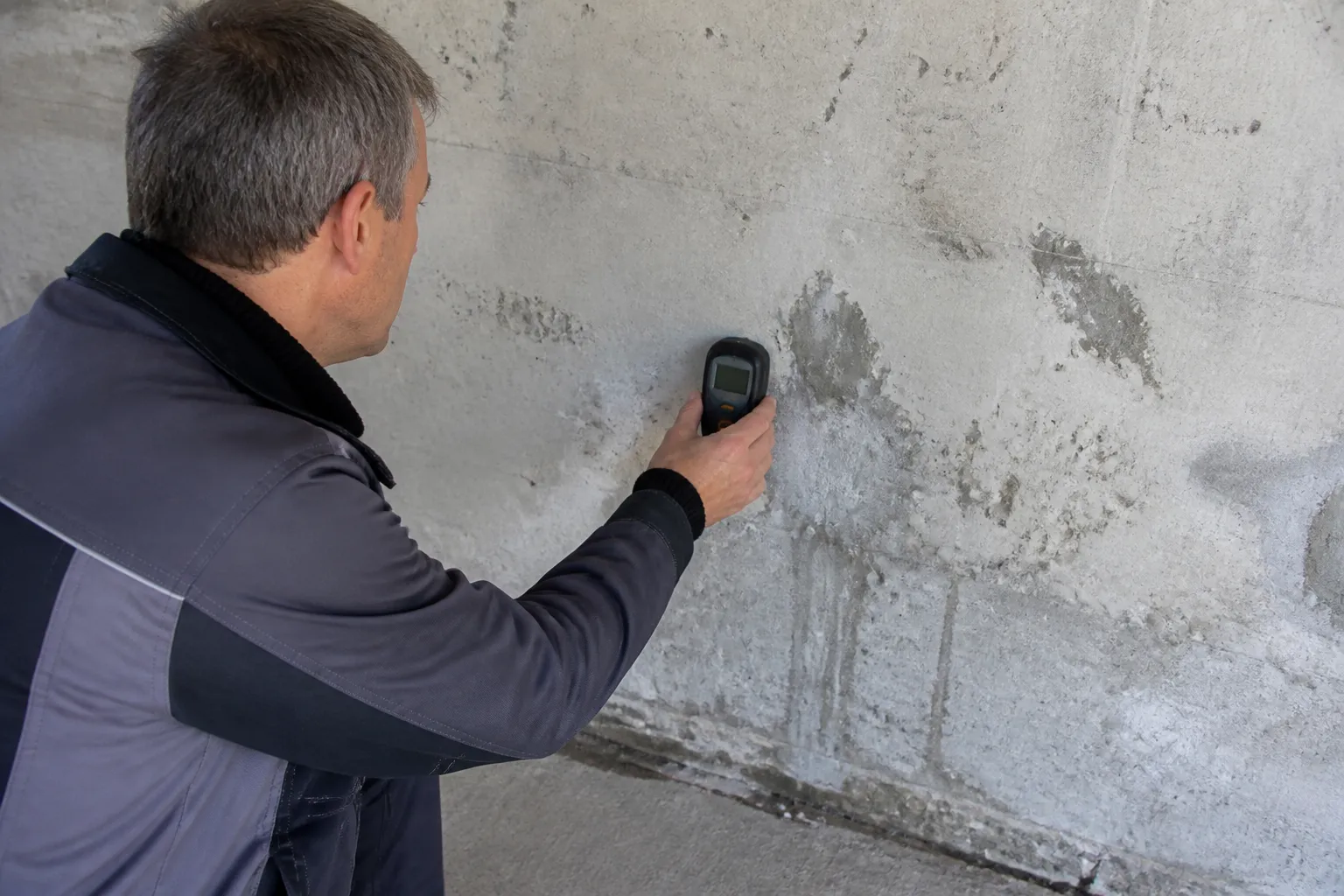 Expert mesurant l’humidité sur un mur de garage en rez-de-chaussée