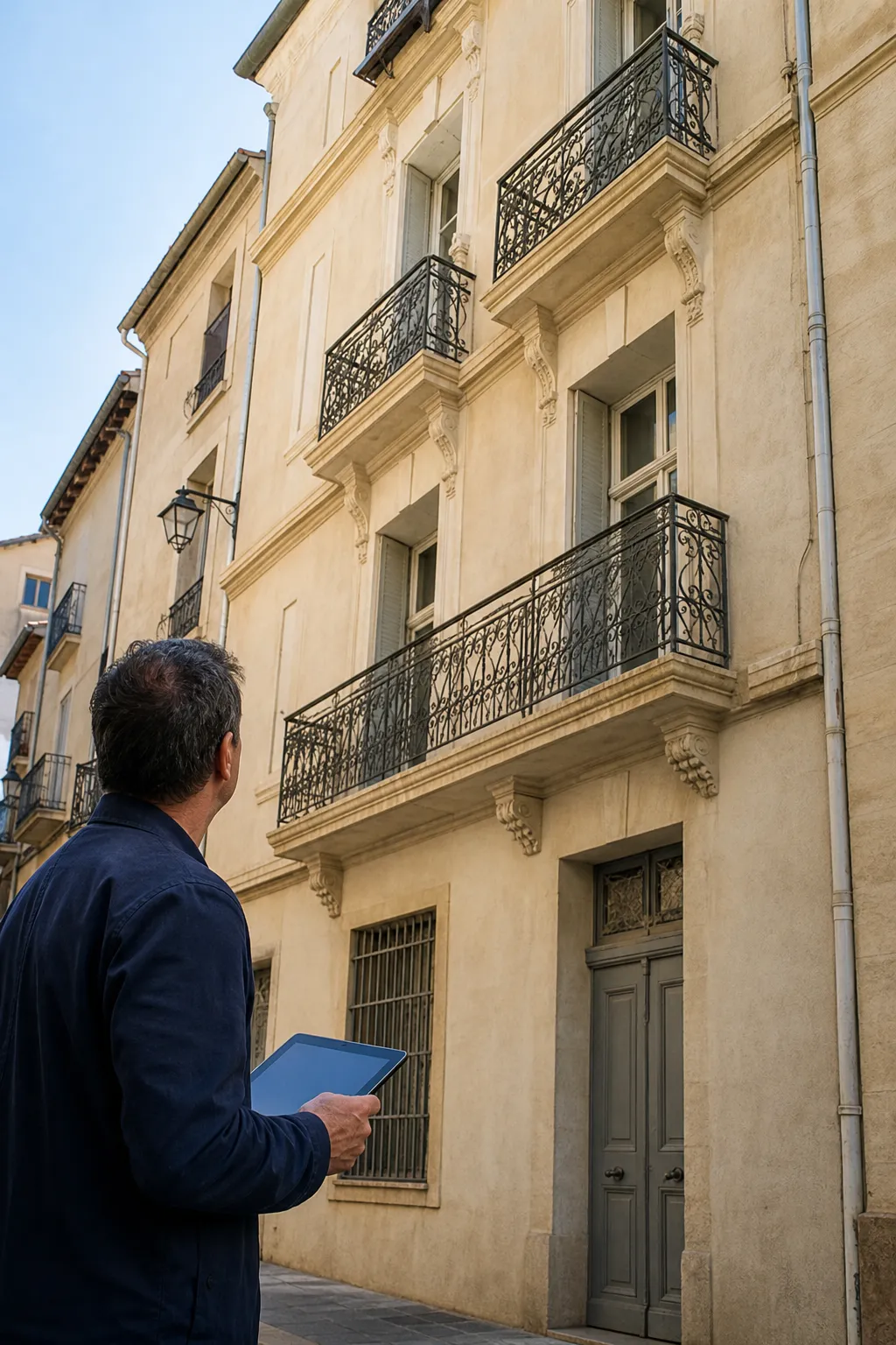 Expert en bâtiment observant la façade d’un immeuble ancien à Toulon