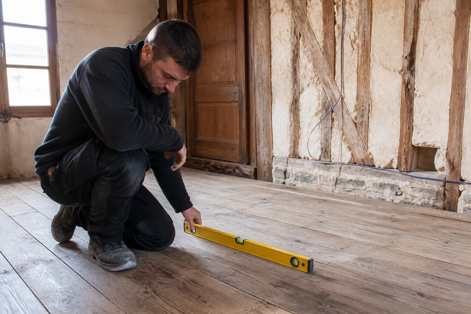 Expert vérifiant un plancher bois à l’étage d’une maison ancienne