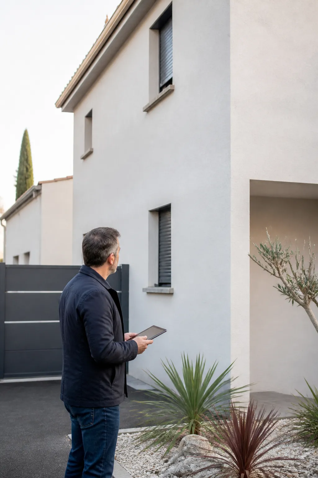 Expert en bâtiment examinant la façade d’une maison individuelle à Pertuis