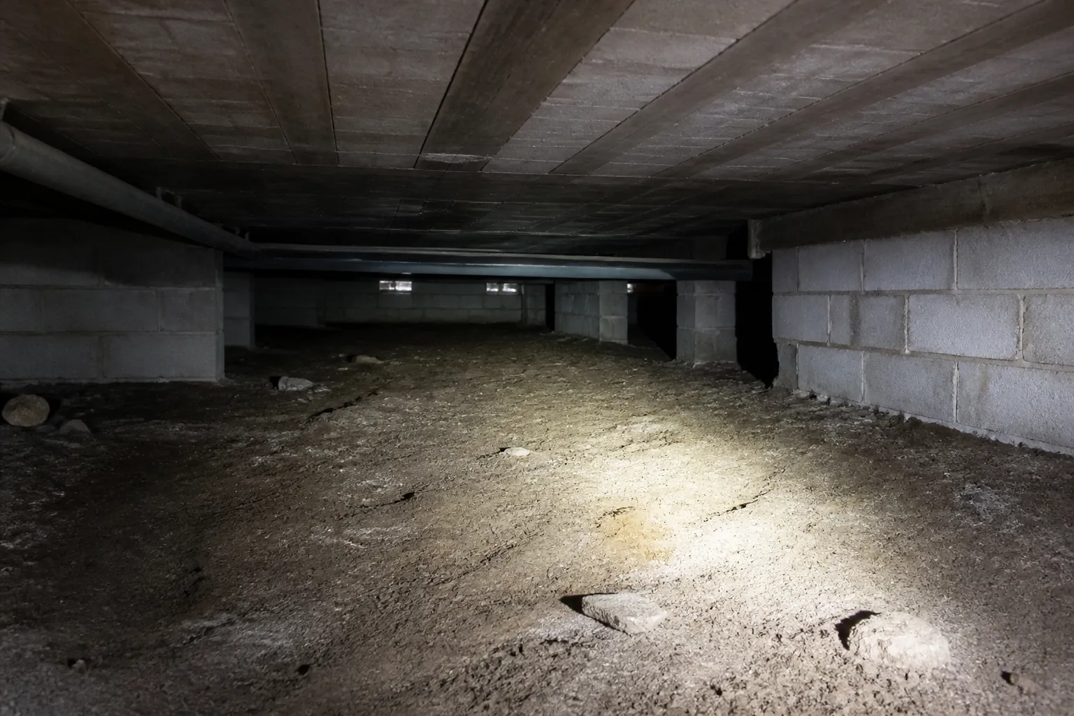 Vide sanitaire sous une maison éclairé par une lampe
