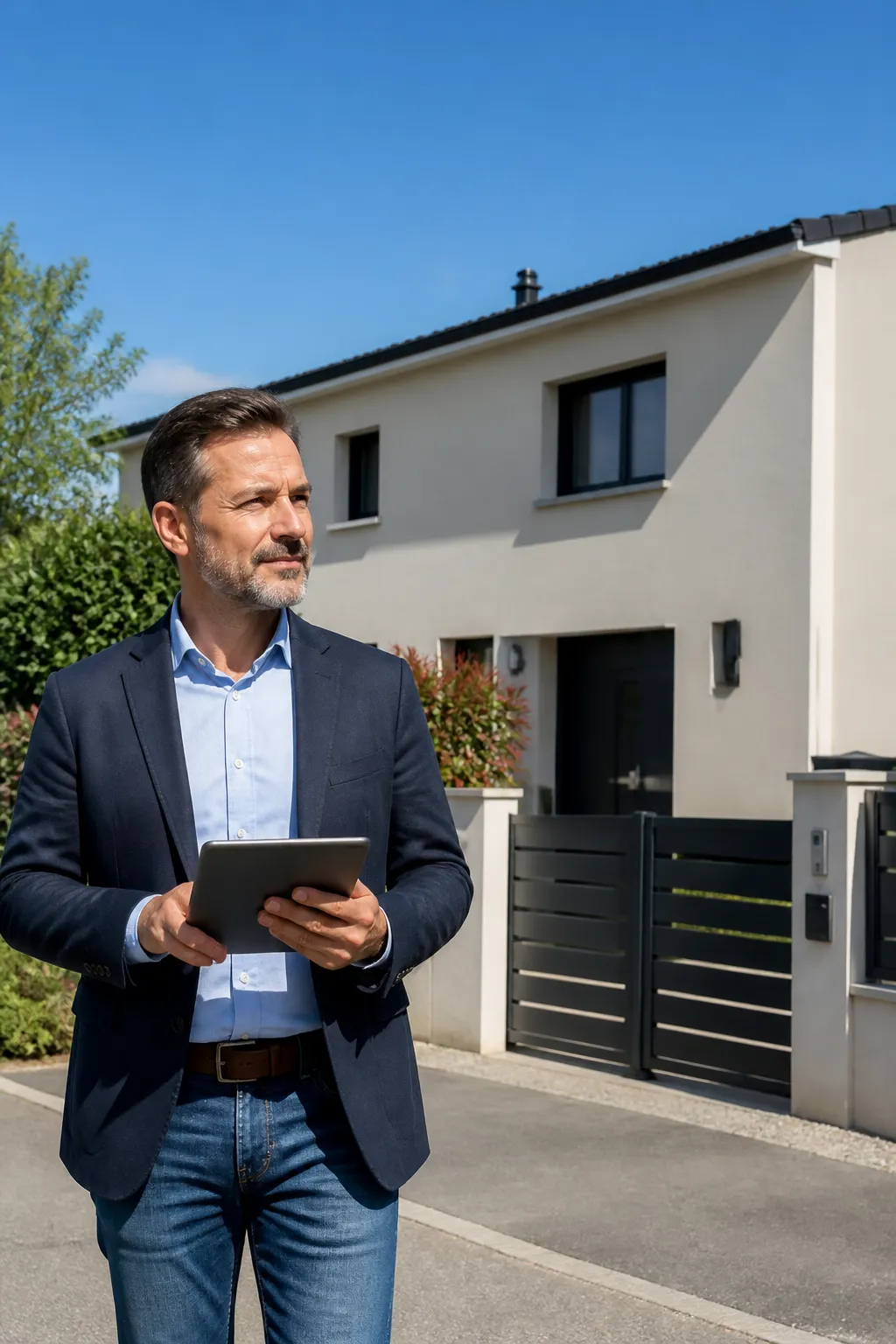 Expert en bâtiment devant un pavillon avec jardin à Sorgues