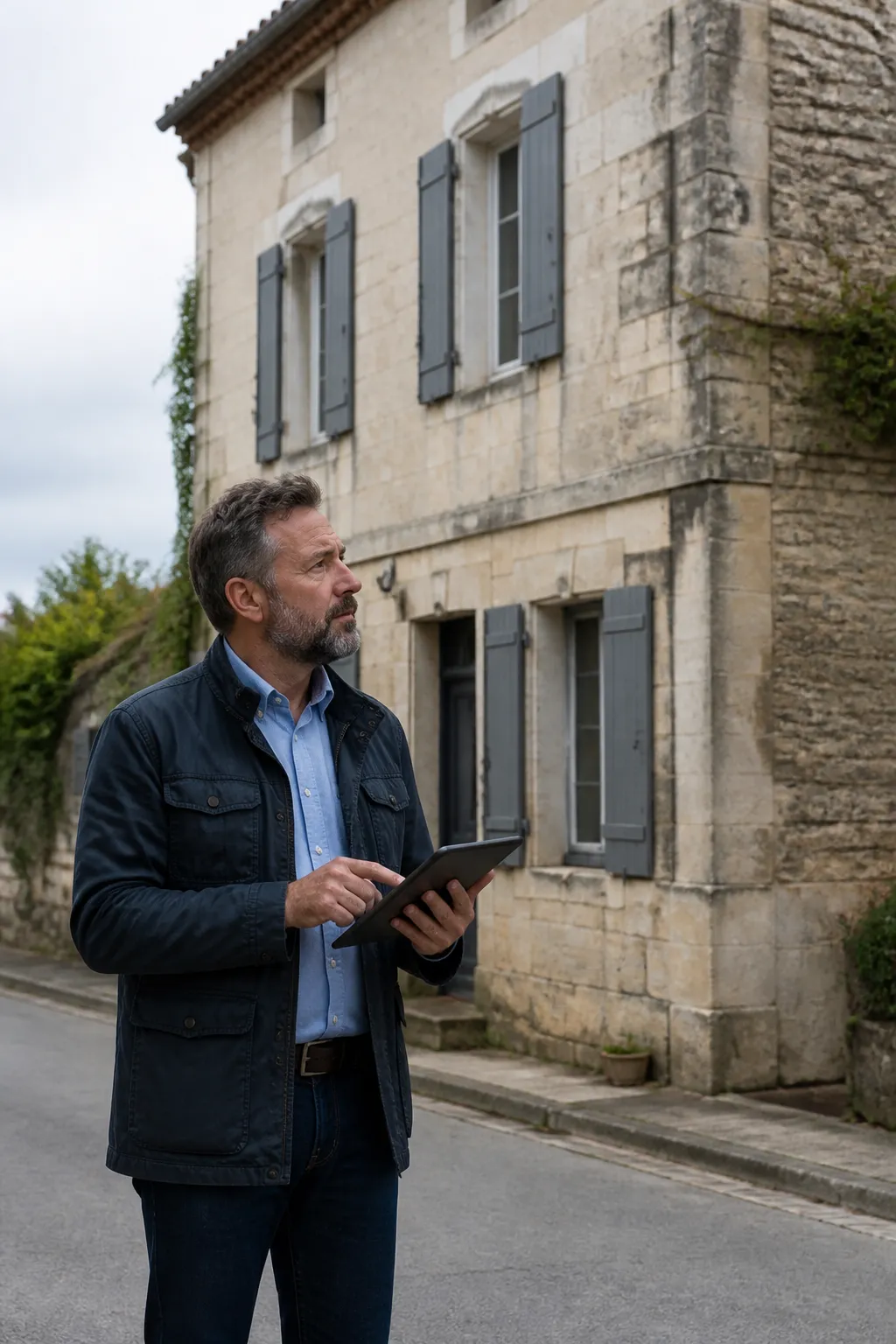 Expert en bâtiment devant une maison ancienne en pierre à Fontenay-le-Comte