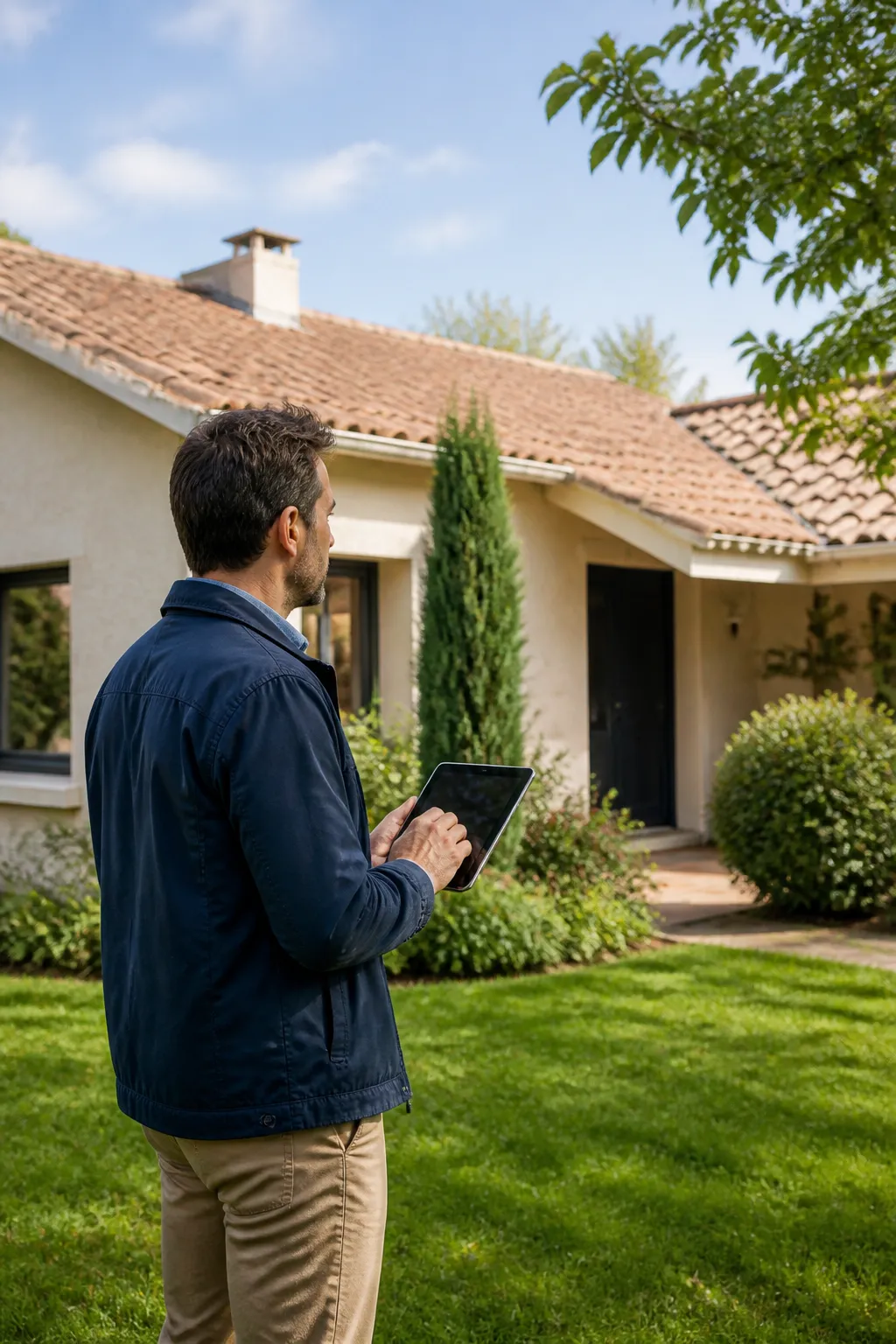 Expert en bâtiment devant une maison individuelle aux Herbiers