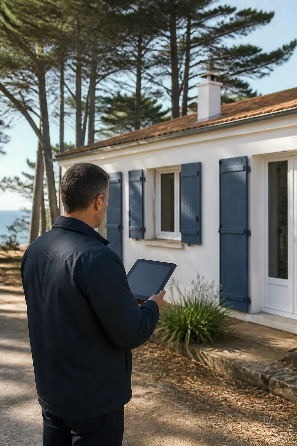 Expert en bâtiment devant une maison de bord de mer aux volets bleus