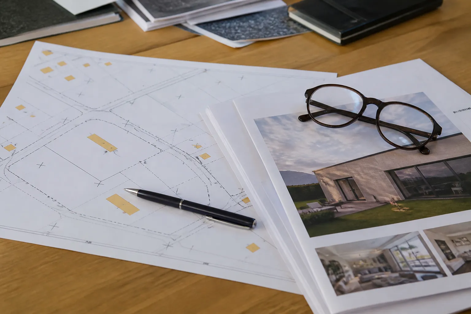 Plan cadastral et dossier de vente posés sur un bureau