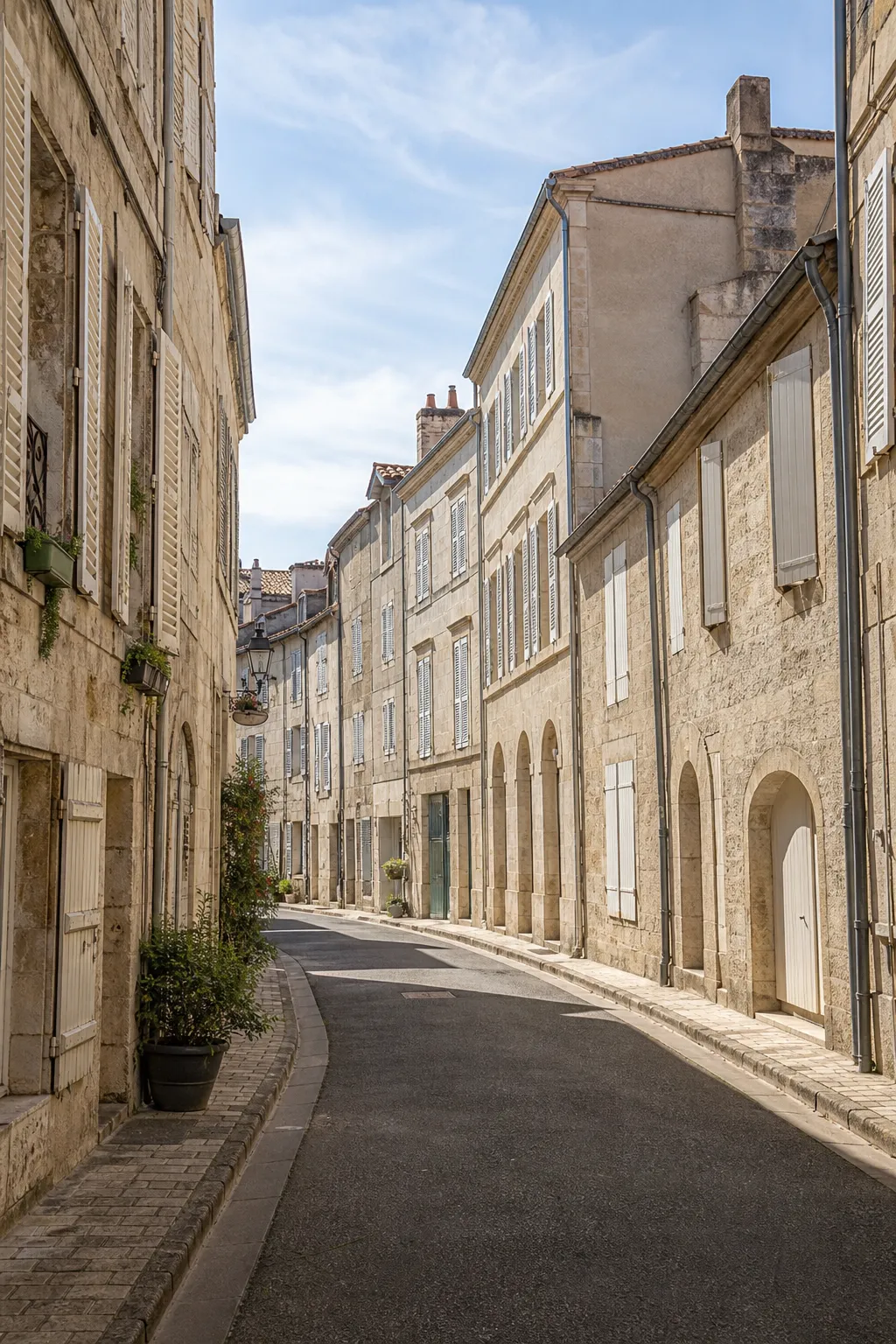 Rue de centre ancien avec façades en pierre claire
