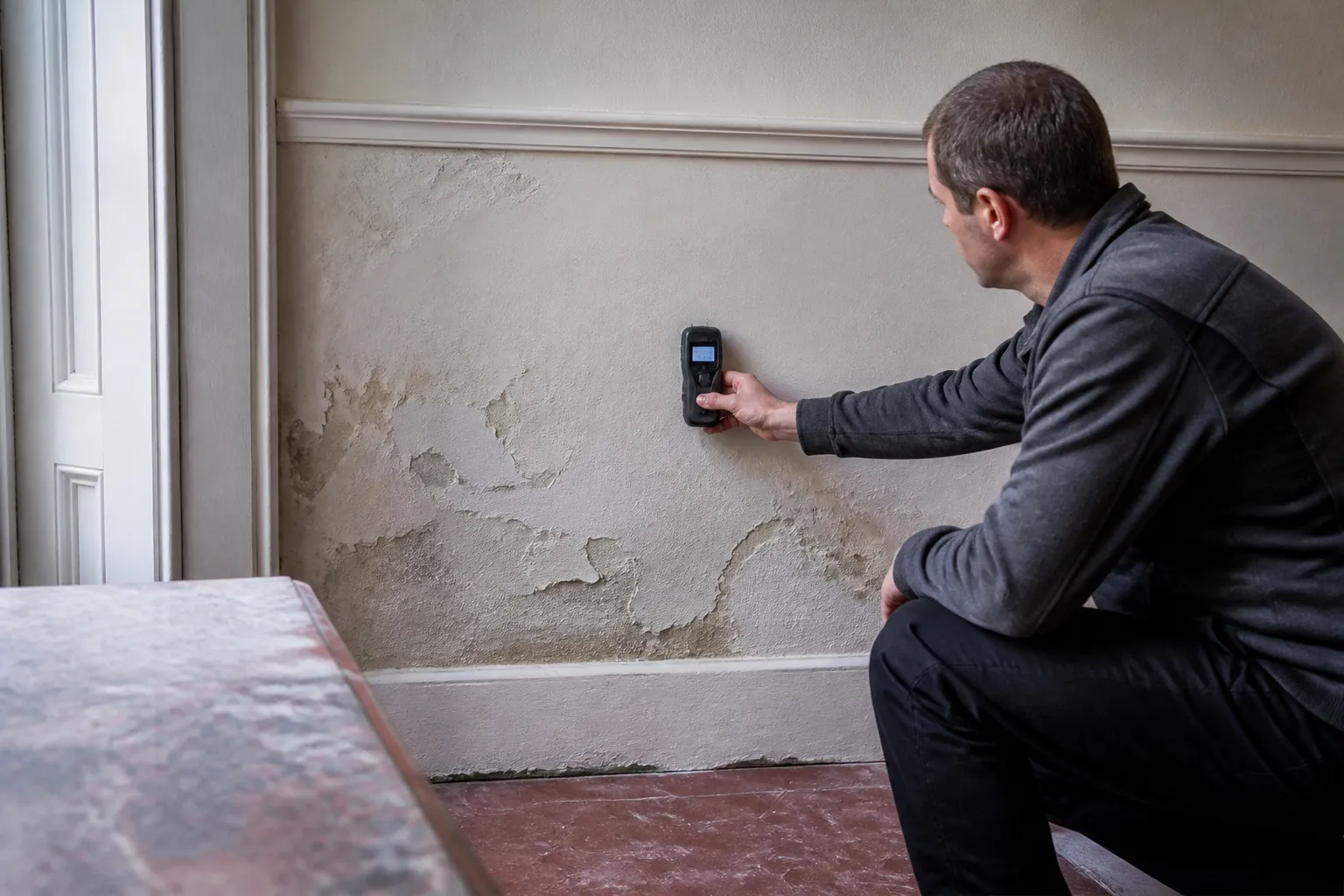 Expert mesurant l’humidité d’un mur avec un appareil