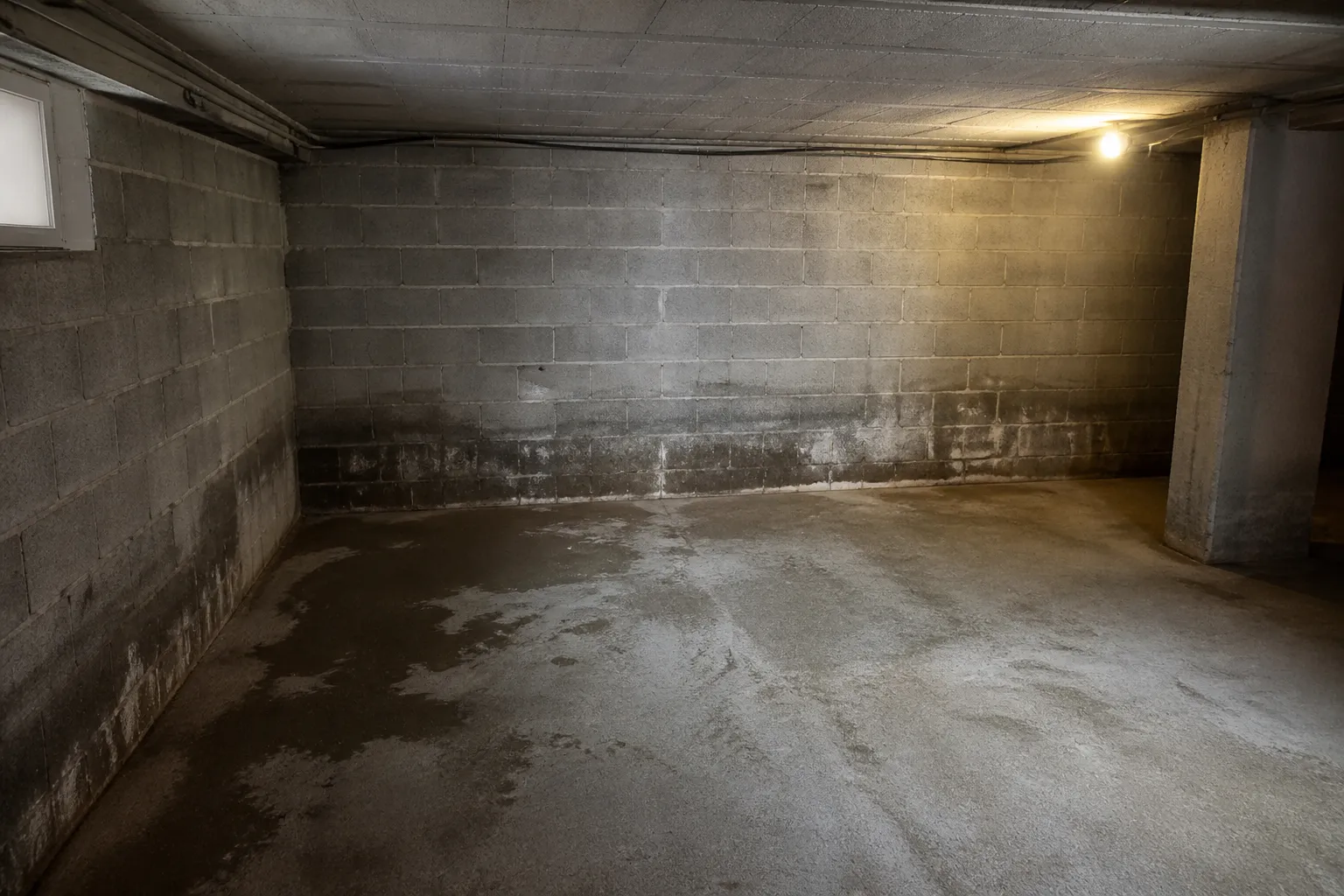Sous-sol de maison avec traces d’humidité au bas des murs