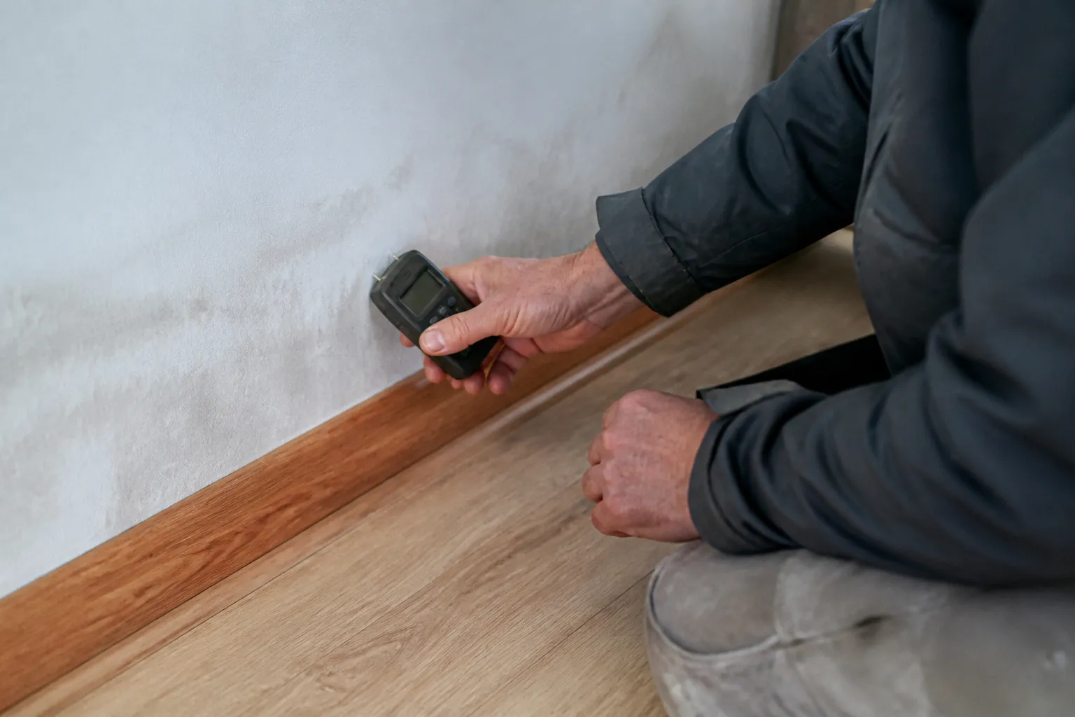 Expert mesurant l’humidité en bas d’un mur intérieur