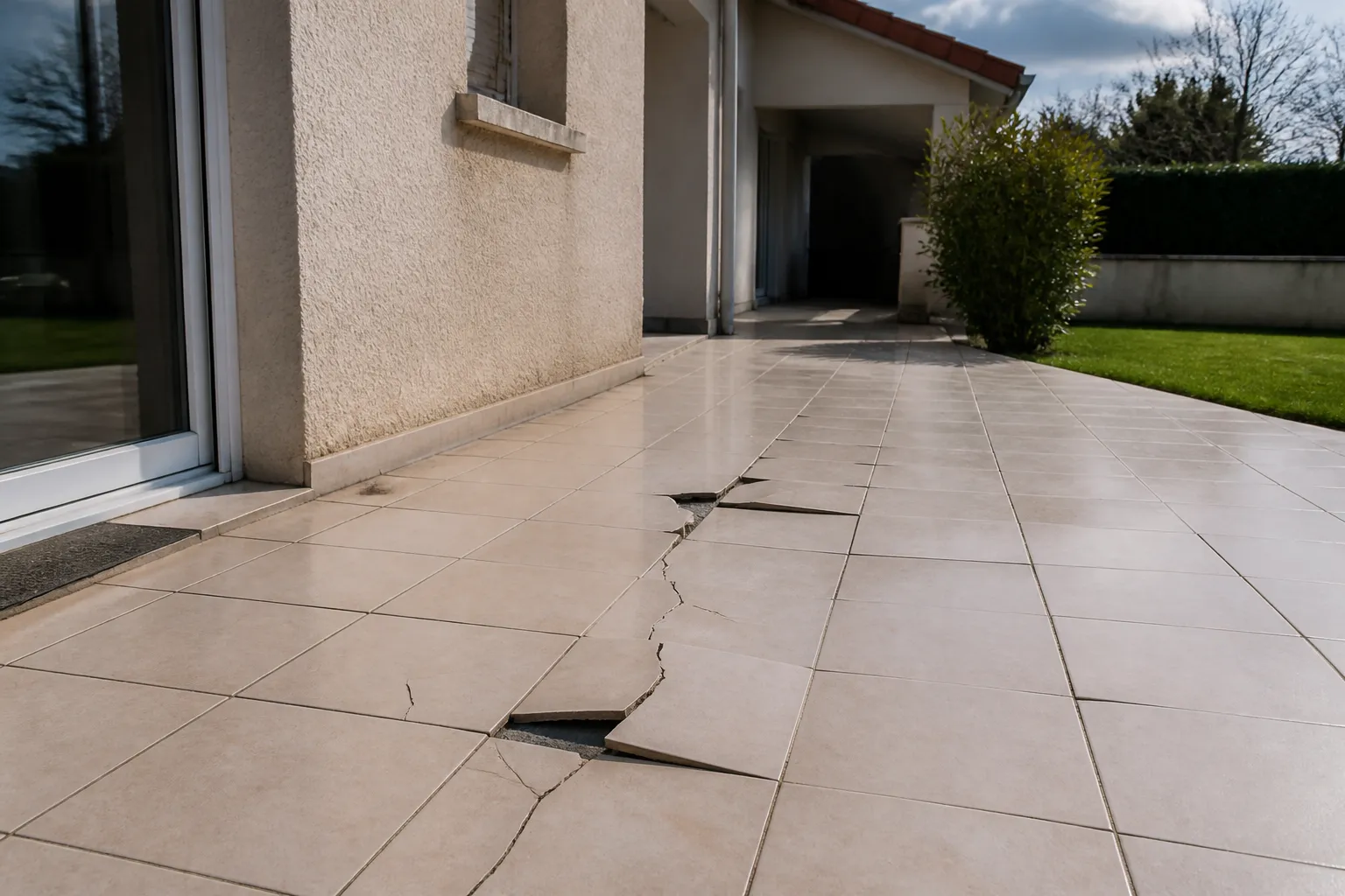 Terrasse carrelée fissurée devant une maison