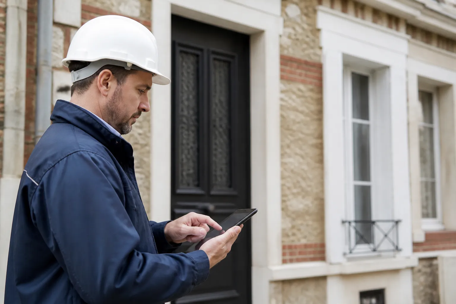 Expert prenant des notes devant une façade