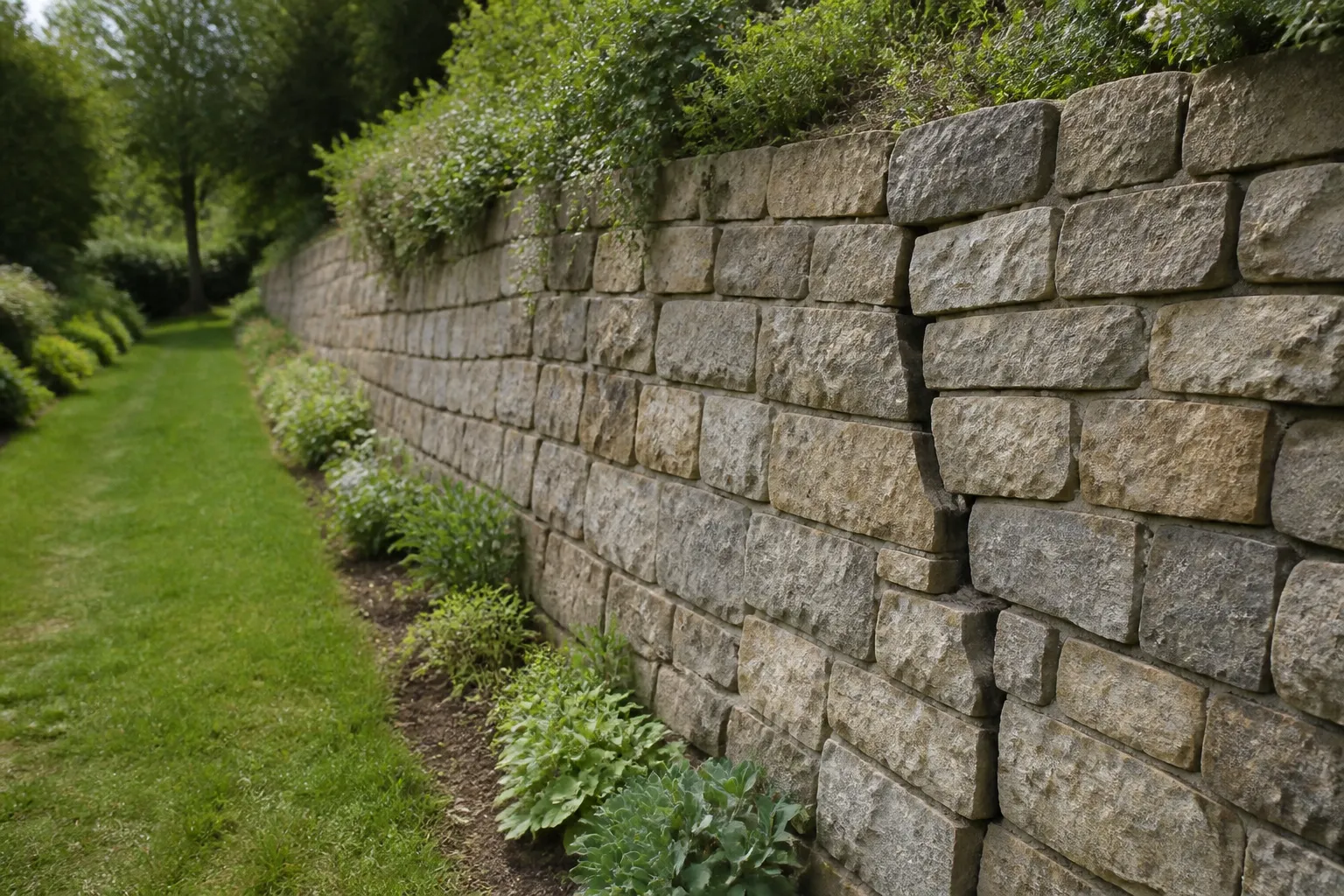 Mur de soutènement fissuré le long d’un jardin en pente