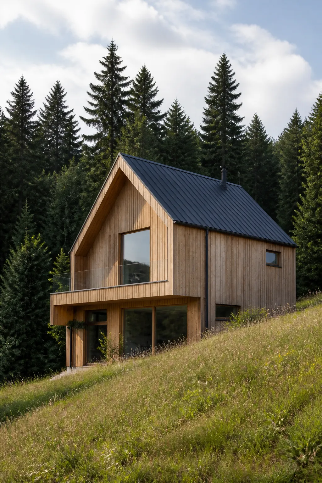 Maison à toit pentu en lisière de forêt de sapins